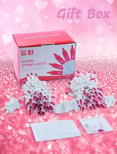 Miniatura 7 de Hopolon Mini luces de Navidad rosas, paquete de 2 tiras de luces de hadas de 13 pies, 50 unidades, alambre blanco, incandescente, luces de árbol de