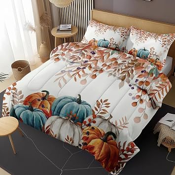 Comforter Set of 3, King, Bedroom Decor Pumpkins Autumn