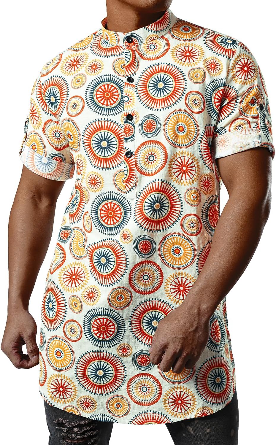 JOGAL Mens Striped Henley Shirt Short Sleeve Traditional African Style Dashiki Shirts