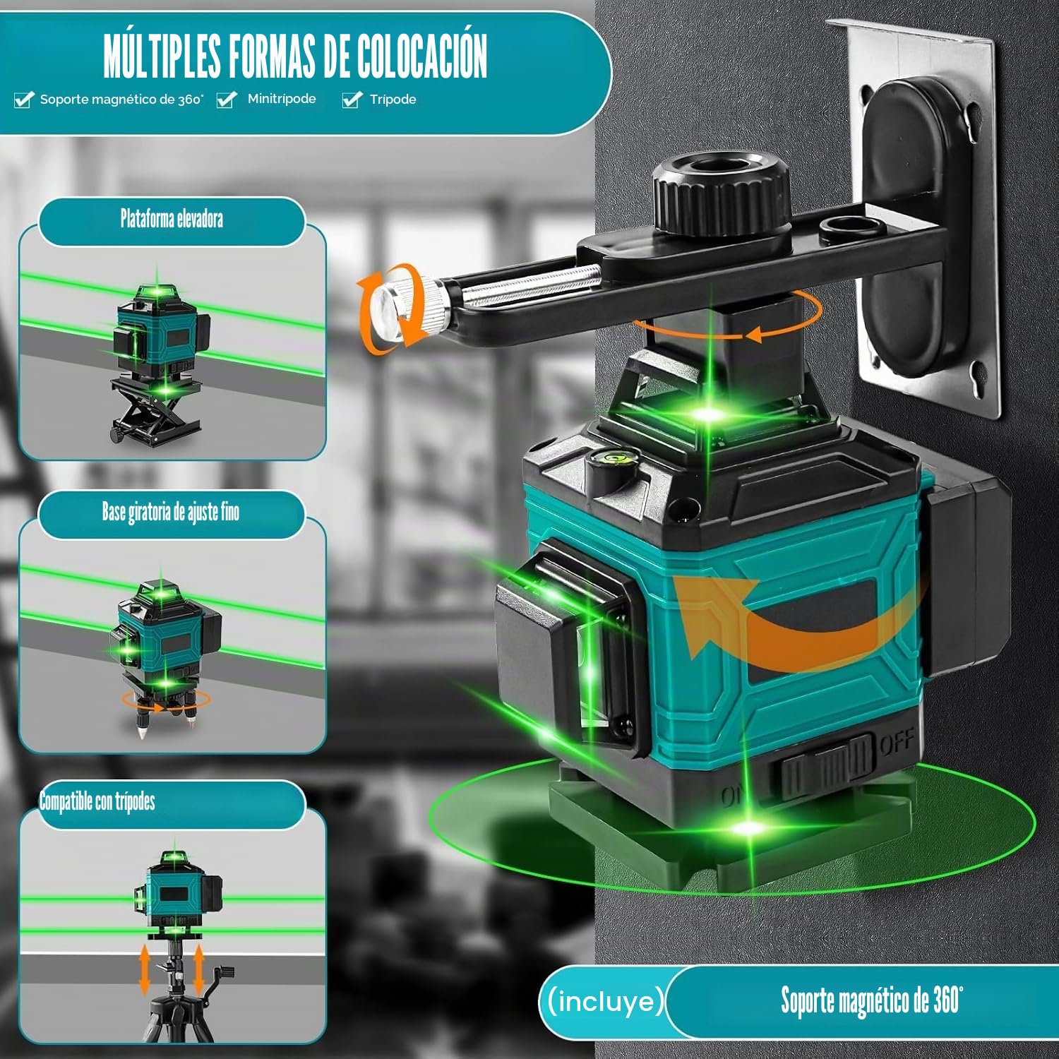 Nivel Laser Autonivelante, 4 x 360° 16 Líneas Nivel Láser Verde Láser De Líneas Cruzadas, Horizontal E Vertical Laser Level Con Trípode, Base Magnética, Soporte Giratorio, Control Remoto