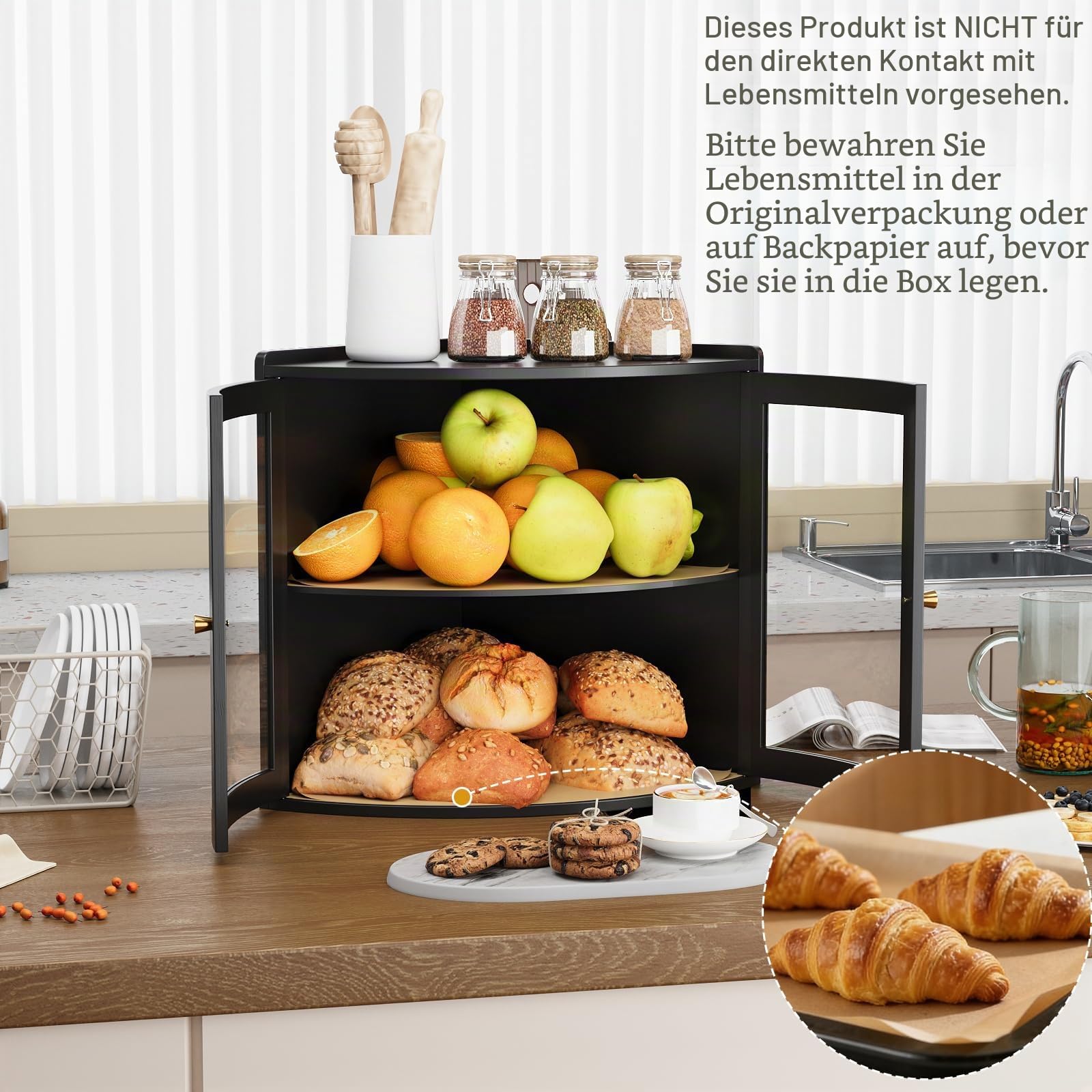 VEDECASA Bambus Eck-Brotkasten für die Küche Doppelstöckiger Brotkasten mit großem Stauraum und transparenter Acryl-Tür Platzsparende Brotbox für die Arbeitsplatte, Schwarz 31x31x38cm