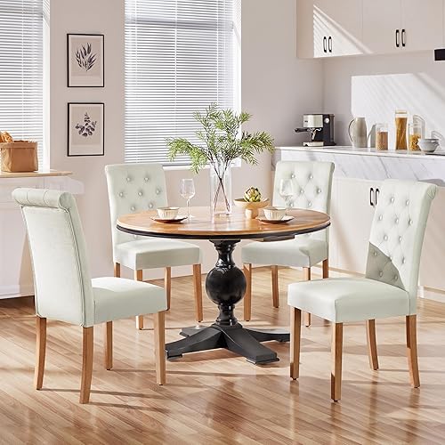 Miniatura 11 de Yaheetech Juego de 6 sillas de comedor tapizadas de tela con respaldo alto y patas de madera maciza para cocina, sala de estar, restaurante, estilo