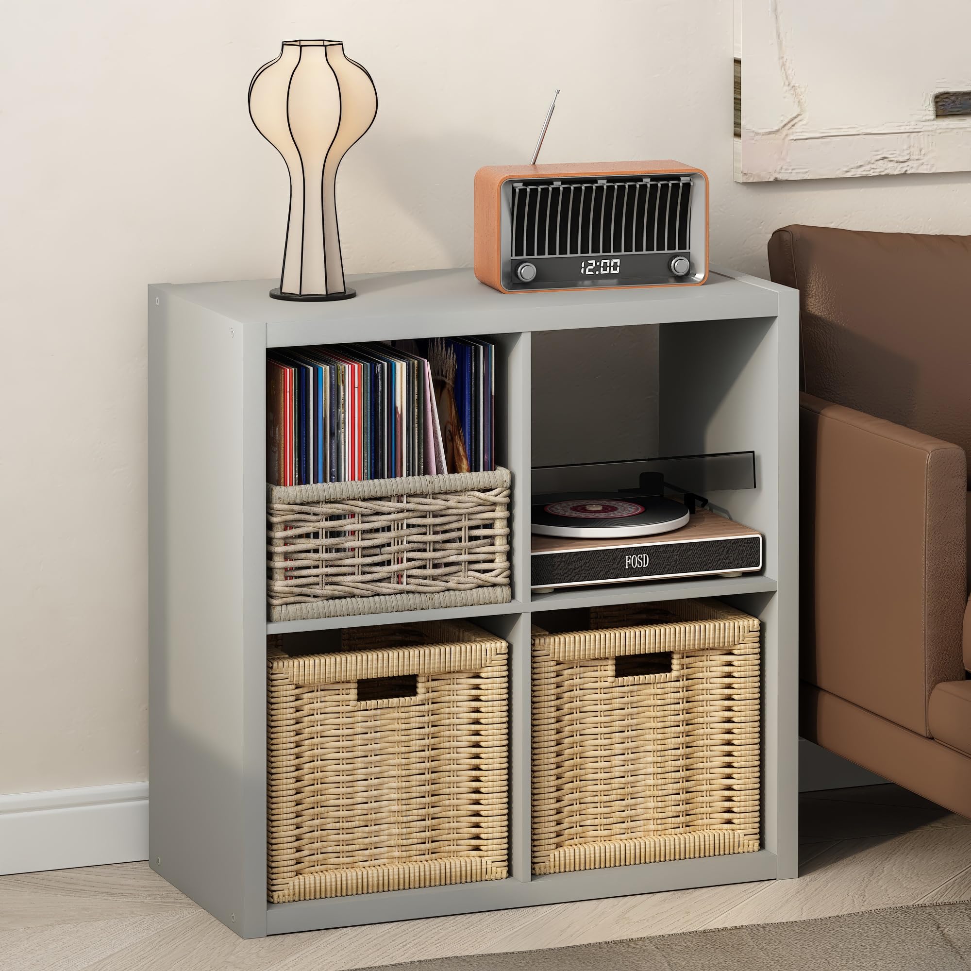 Furinno Cubicle Record Player Stand, 4-Cube Record Storage, Light Grey
