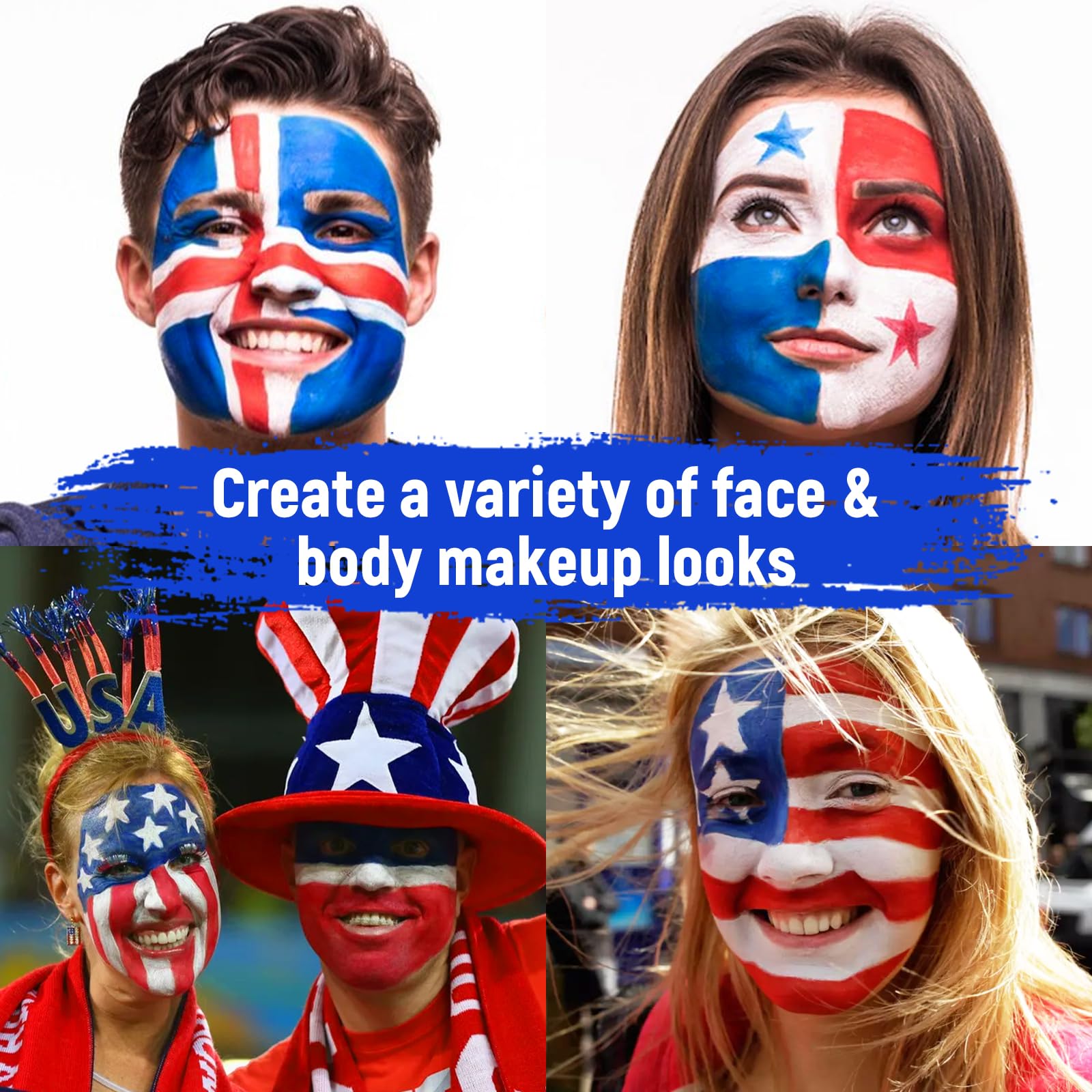 Pintura facial y corporal roja, blanca y azul, bandera estadounidense de Estados Unidos, paleta de pintura facial de 3 colores para eventos patrióticos de Estados Unidos, 4 de julio, día de la 5