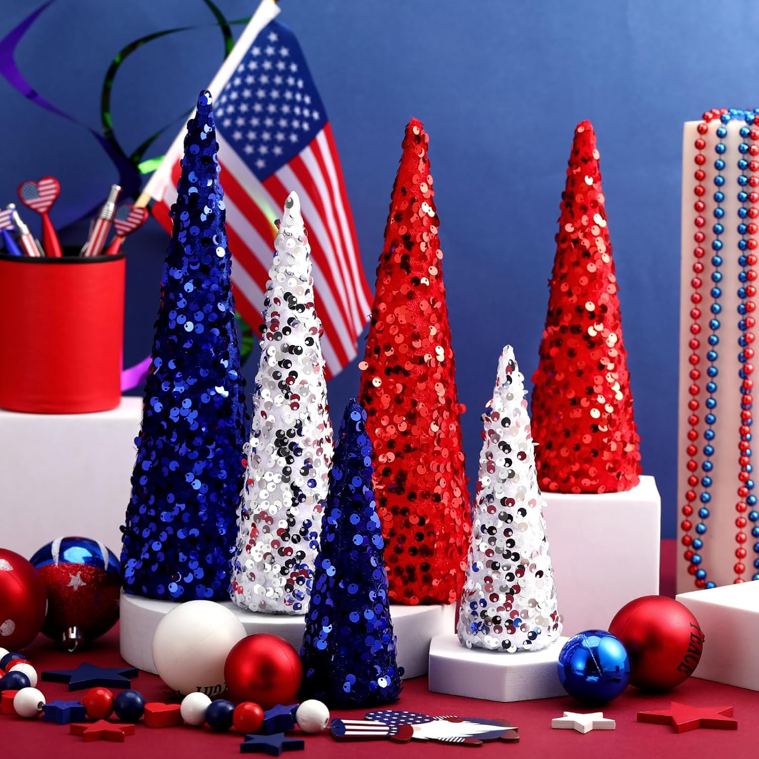 6 Pcs 4th of July Cone Trees Red White Blue Glitter Table Tree Decor Independence Day Cone Ornaments Patriotic Table Centerpiece for Memorial Day Party Veterans Home Shelf Kitchen