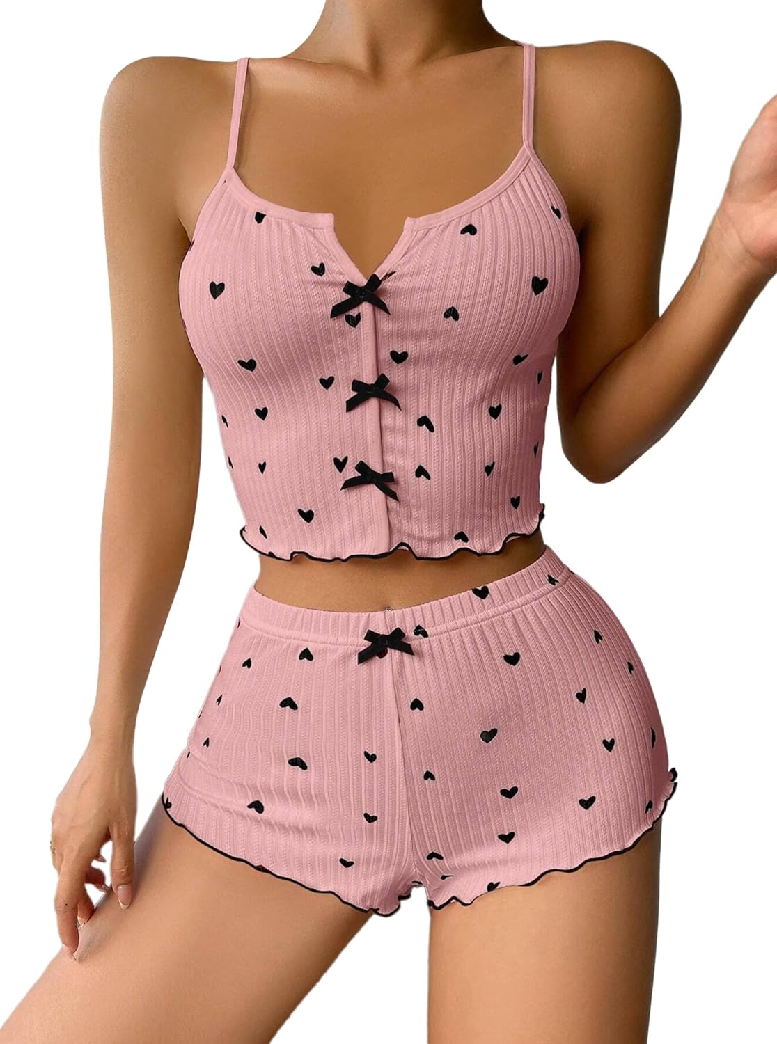 Hilinker Womens Graphic Pajama Set Summer Cute Crop Cami and Shorts Ribbed 2 Piece Lounge Sets