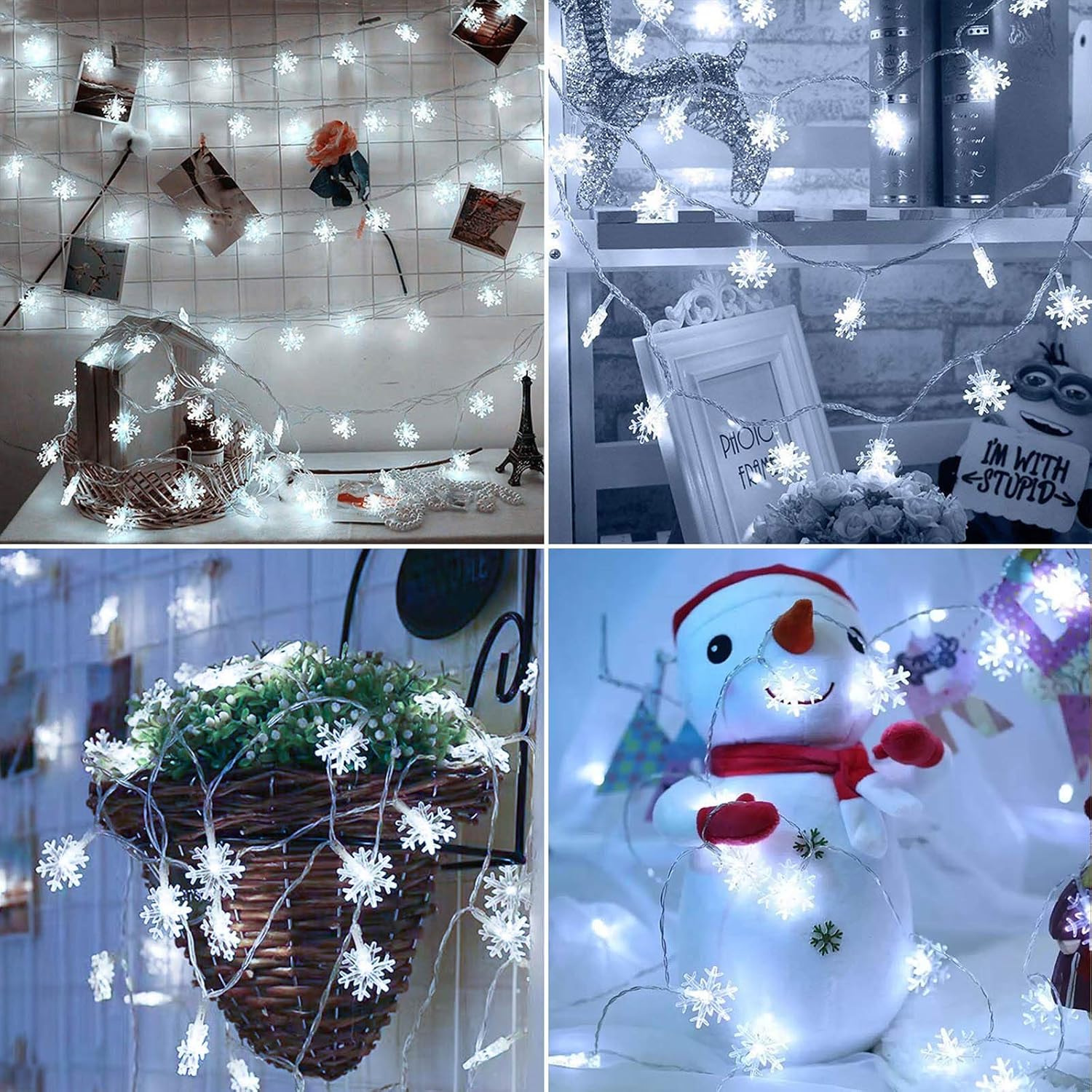 BrizLabs White Snowflake Battery LED Christmas String Lights with Remote | 40 LED 16.08ft; 8 Mode; Dimmable; Waterproof; Twinkle Snow Flake Hanging Fairy Light for Outdoor Indoor Xmas Tree Decorations