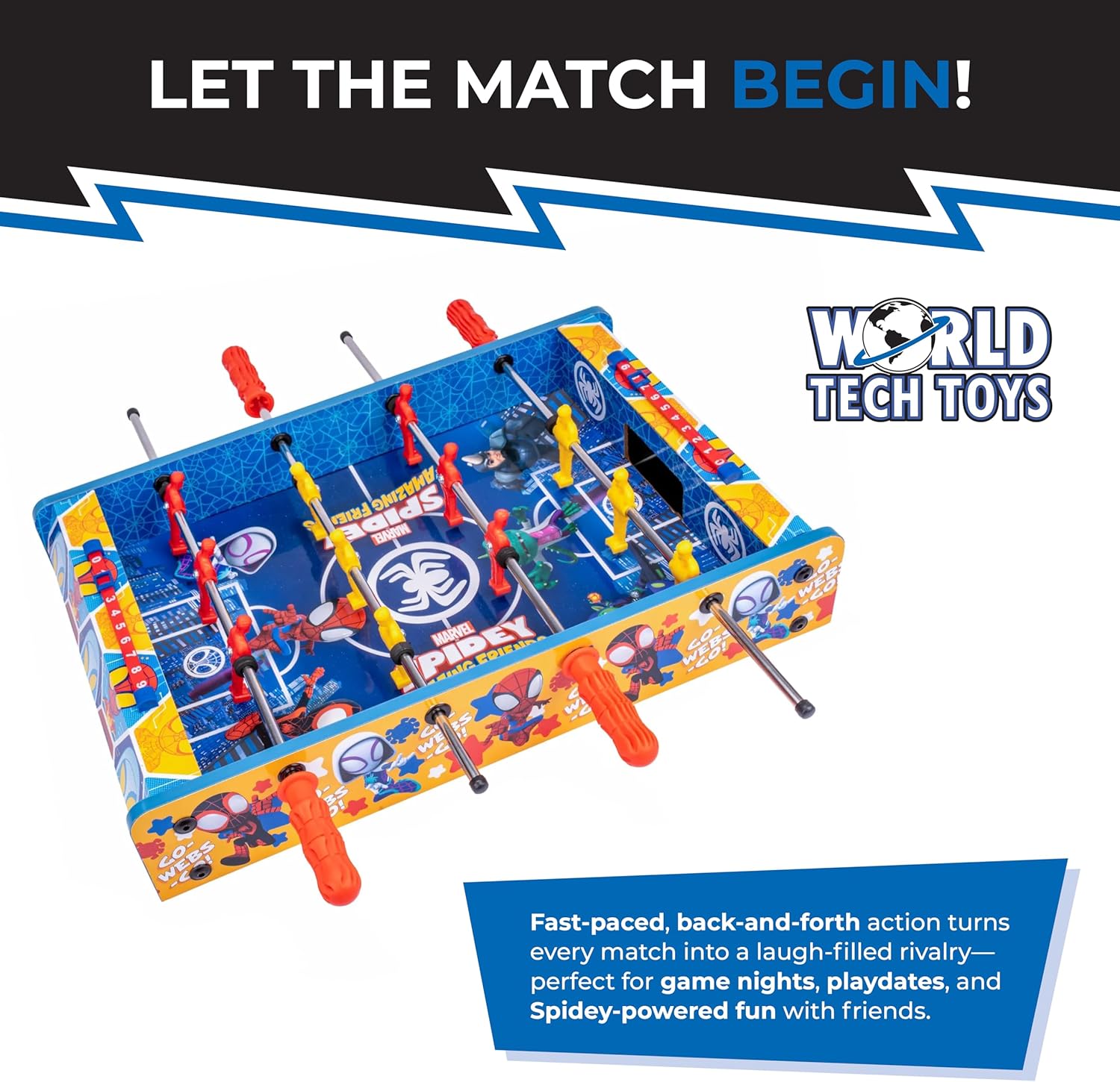 World Tech Toys Marvel Spidey & Friends Foosball Table for Kids – Tabletop Soccer Game with Rod Handles, Ball & Players – Wooden Mini Game Table for Kids 4+ – Marvel Licensed