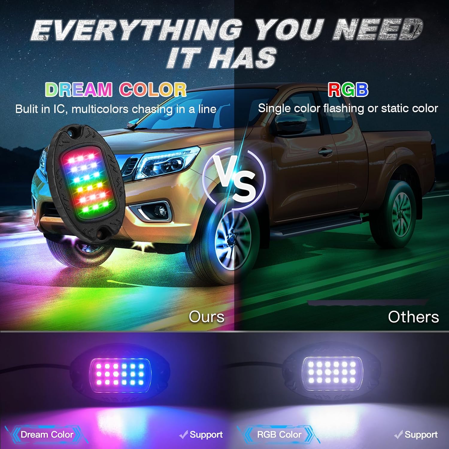 8Pods Dreamcolor RGBIC Rock Lights 256 Chasing Mode Metal LED Rock Lights for Trucks with APP/RF Remote Control, Underglow Lights for Truck Brake Warn Multicolor Neon 12V Waterproof for Jeep Car UTV