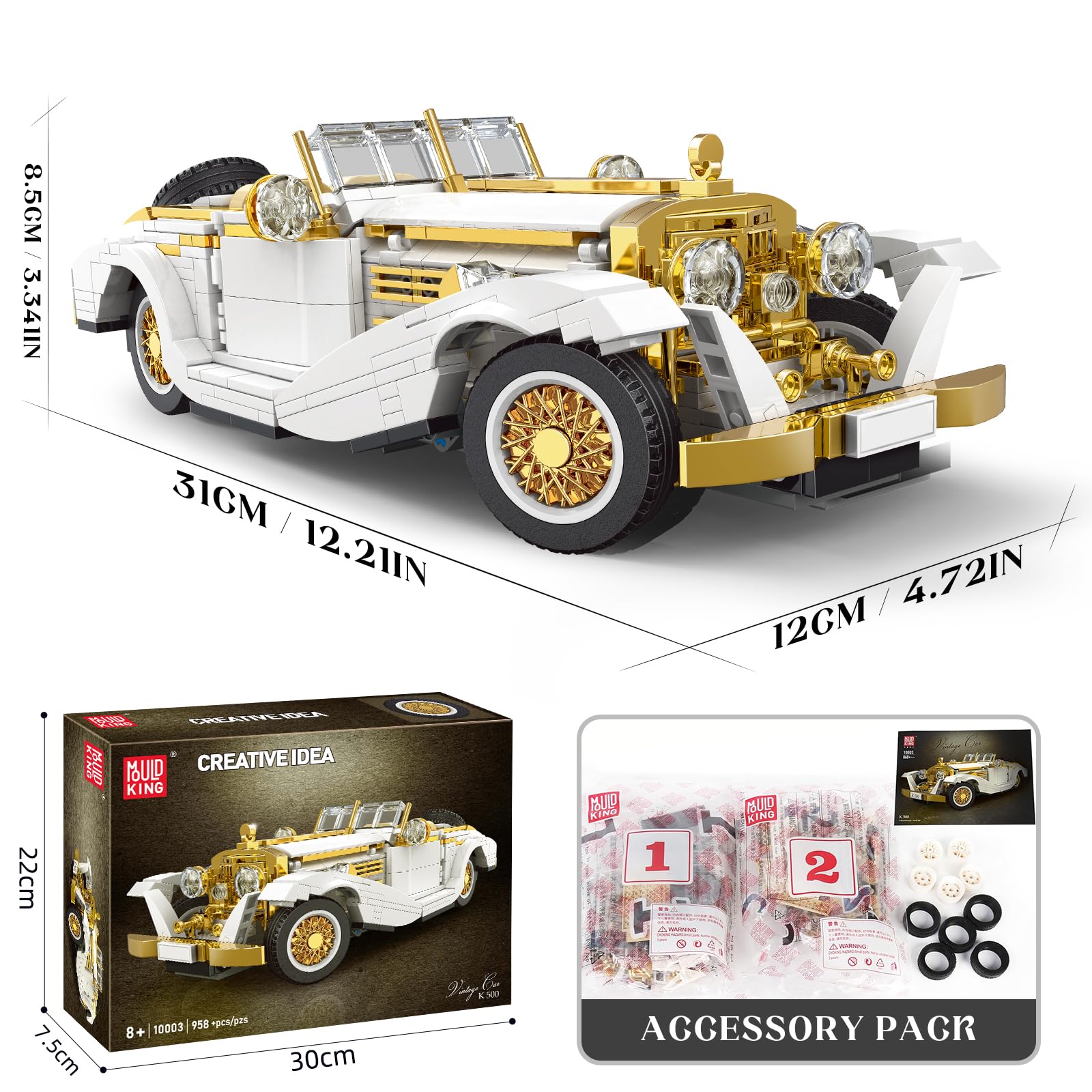 Mould King 10003 Classiques Voitures Jeu de Construction, 2.4Ghz RC Rétro Sportcar avec Moteur de Blocs de Construction (868 Pièces), (WX10003)