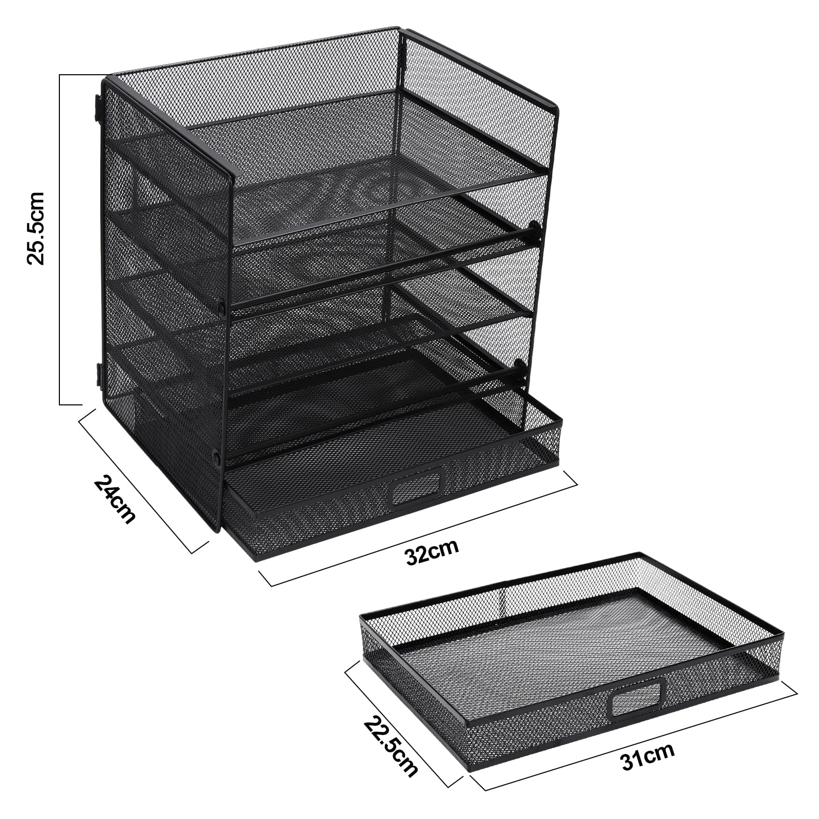 Cinnani Organizador de escritorio,bandeja de papel de 5 niveles con cajón, organizador de compartimentos de almacenamiento con carpetas,cartas,papel,bandeja organizadora de escritorio de metal (negro)