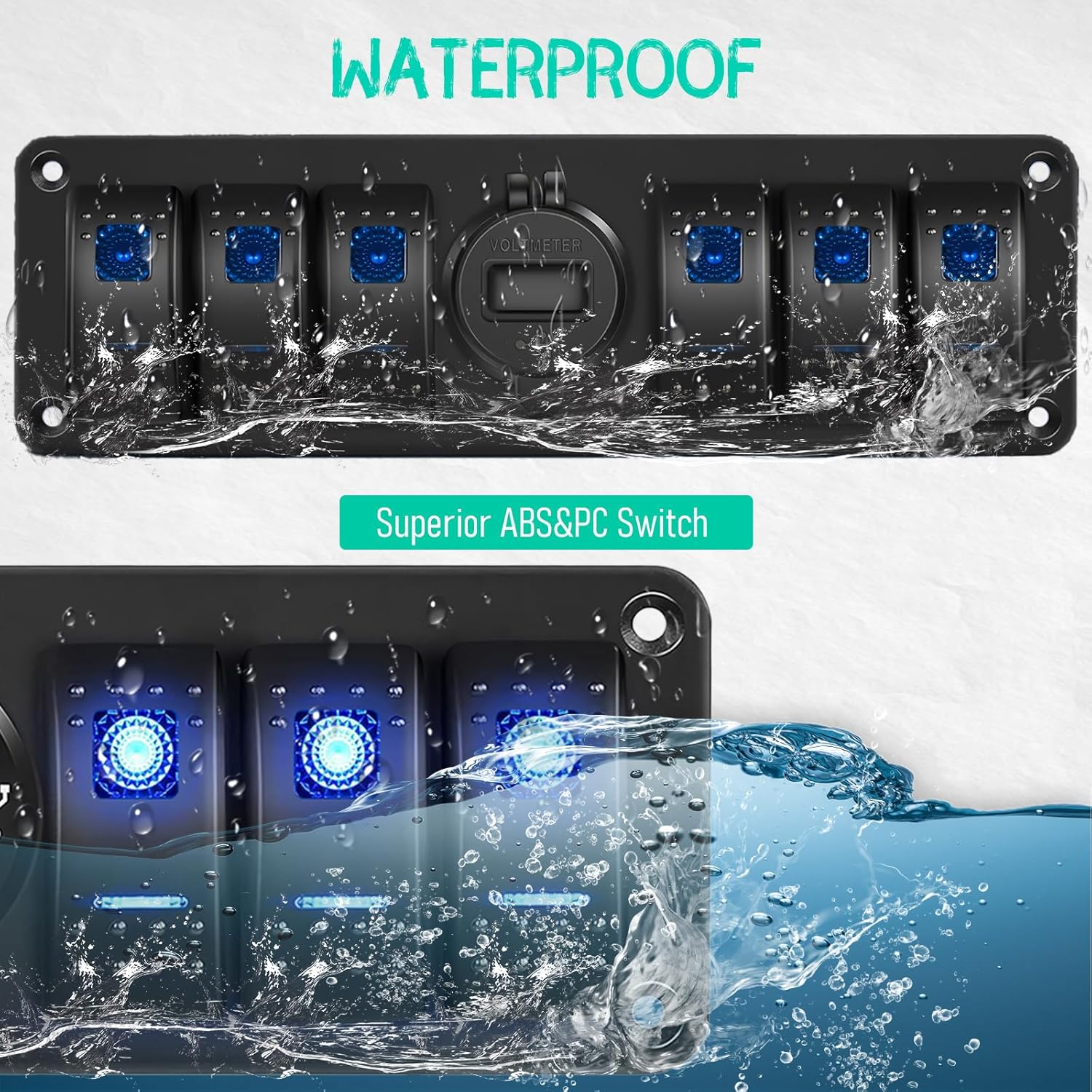 6 Gang Rocker Switch Panel 12V 20A with QC3.0 USB Charger Voltmeter Pre-Wired Waterproof Aluminum 12V/24V Switch Panel with Night Glow and Transparent Stickers for Boat Yacht RV UTV