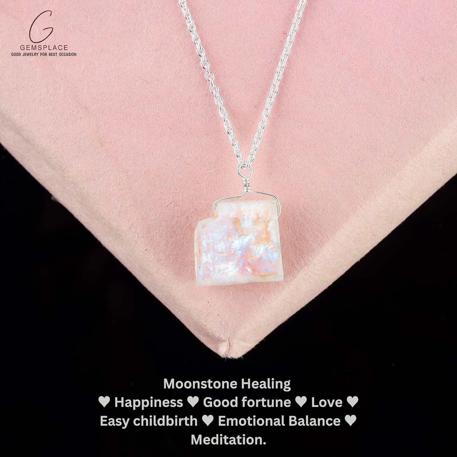 Raw Crystal Necklace, Rainbow Moonstone Rough Slice Stone Necklace, Dainty Stone Pendant, Healing Crystals Healing Love and Jewelry Gift Gemstone Size 15-20 mm Approx (Silver-Plating) - Image 5