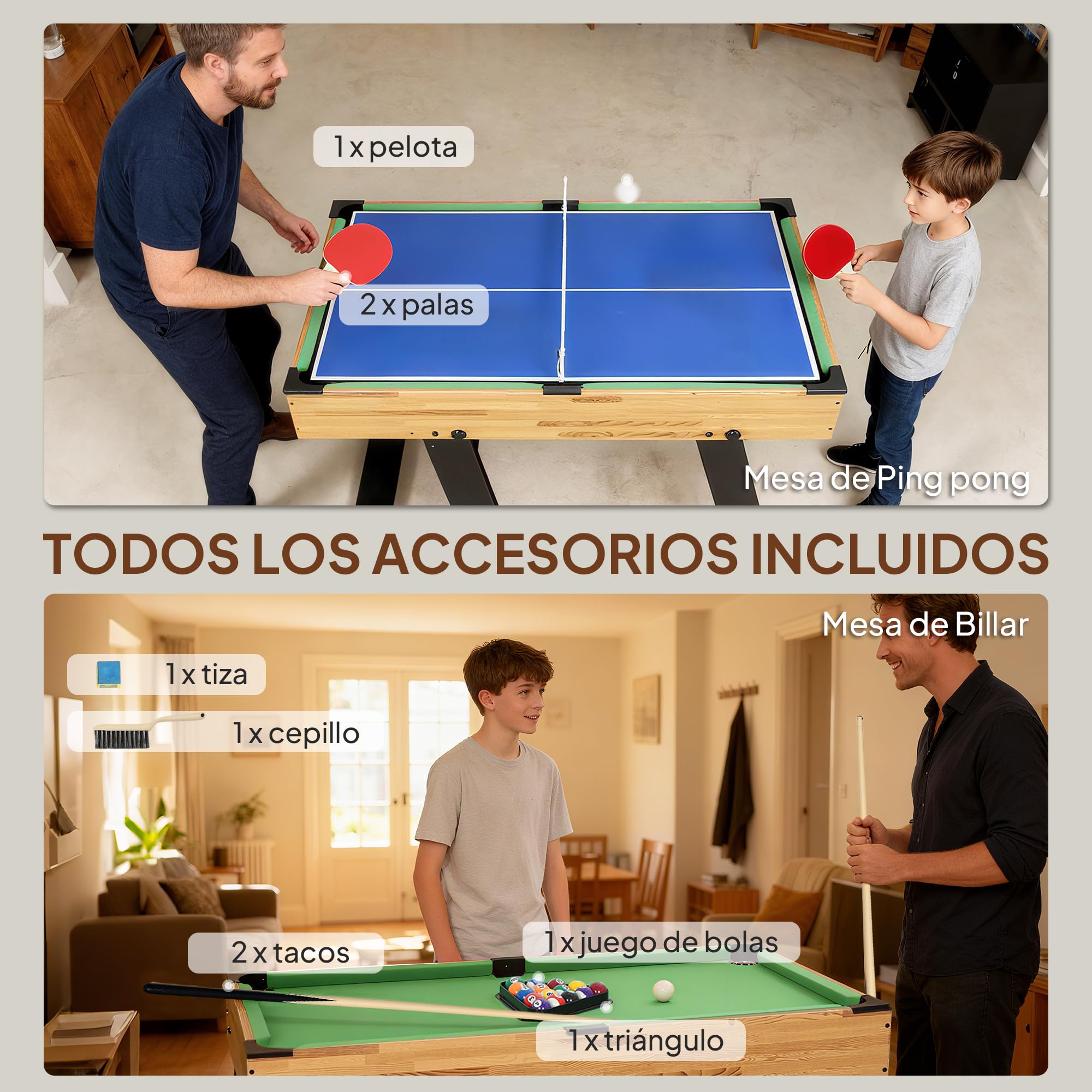 SPORTNOW Mesa Multijuegos Plegable 13 en 1, Mesa de Juego con Futbolines para Niños, Billar, Ping-pong, Hockey, Ajedrez, Damas, Backgammon y Accesorios, Diversión Familiar para Adultos y Niños Natural