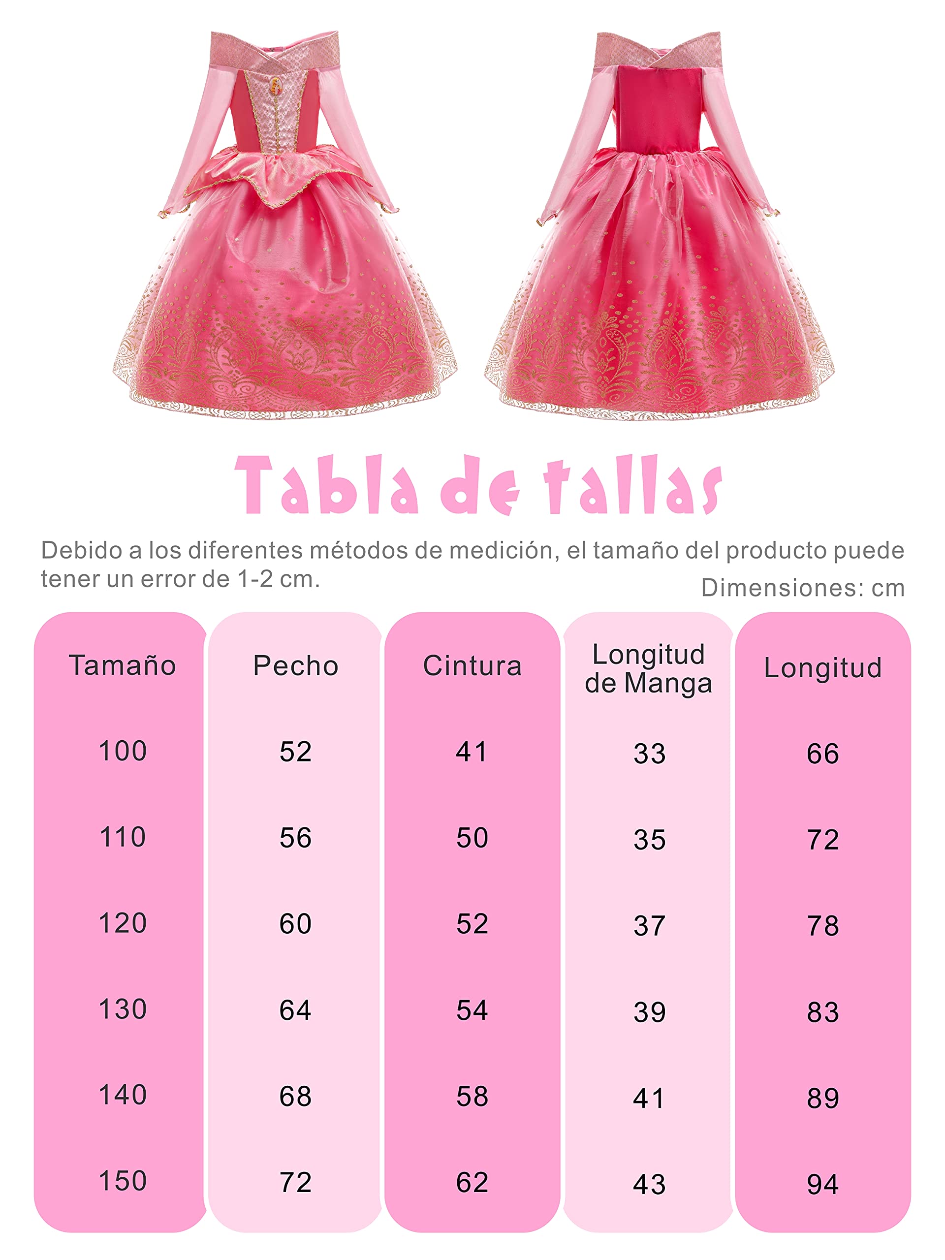 YOSICILCostume da Principessa Aurora per Ragazze Costume da Bella Addormentata a Maniche Lunghe con Accessorio 6 Pezzi Cosplay Compleanno Festa Halloween Natale,Rosa-6PS,110