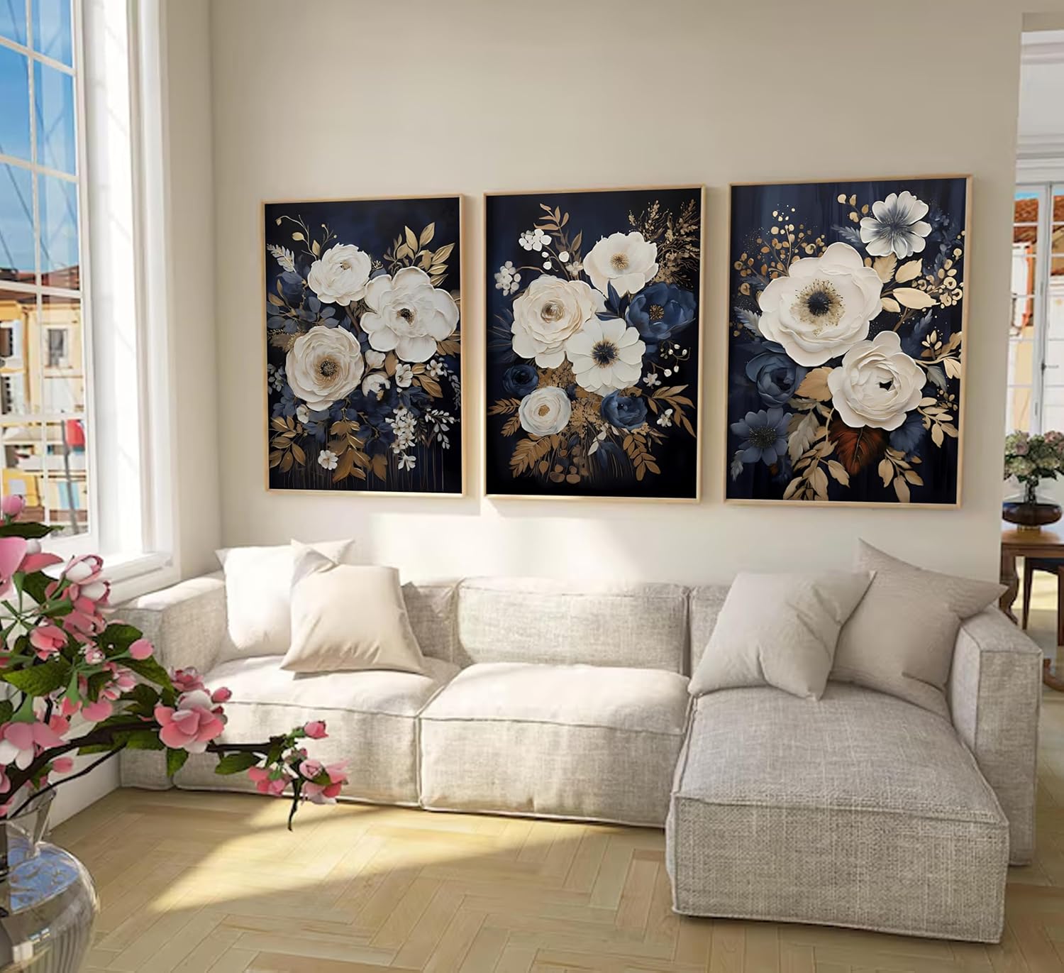 3Pcs Navy Blue Abstract Floral Canvas Wall Art Moody Dark Flowers Plants Painting Picture Wall Decor Poster Print Artwork Suitable for Living Room Bedroom Home Decoration - Image 5