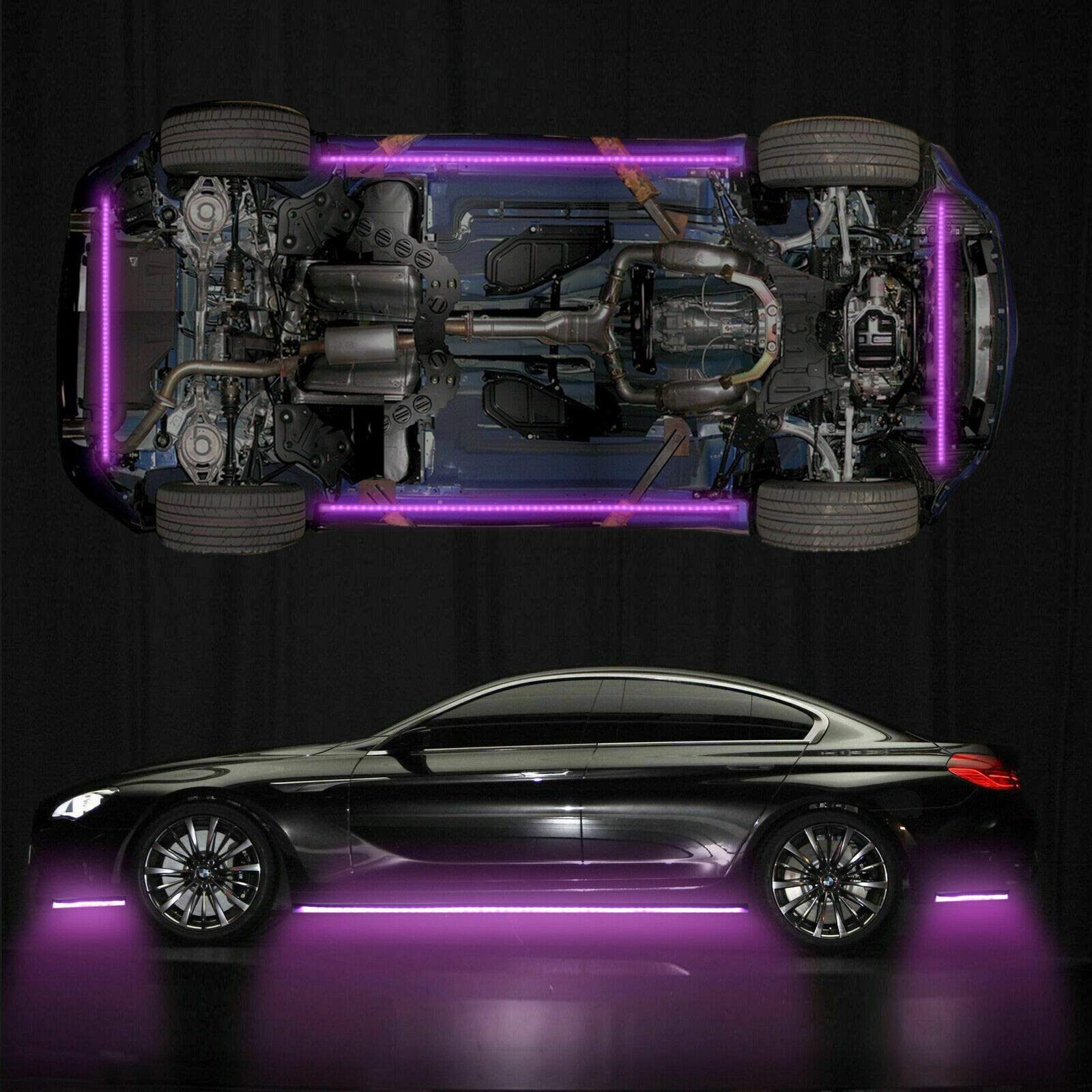 4pcs 12V Bandes de néon LED RVB internes de Voiture avec contrôle de la Musique de Couleur réglable, Lampes à Tube Lumineux sous la carrosserie, Noir