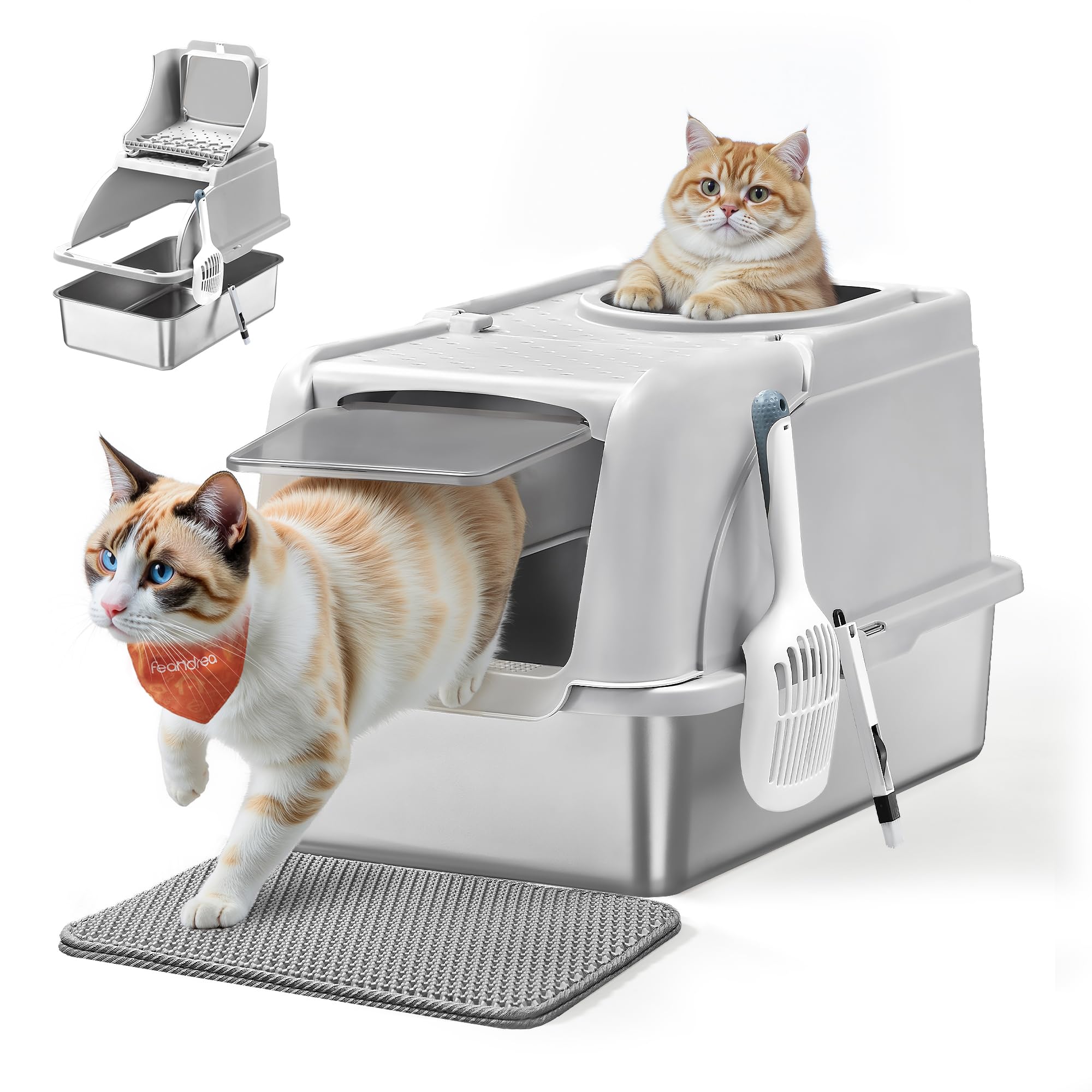 Feandrea Arenero para Gatos de Acero Inoxidable, Caja de Arena Cerrada con Tapa Abatible y Entrada Doble, Control de Olores, 61 x 40 x 36,5 cm, Gris, Colección Boxal PPT005G201