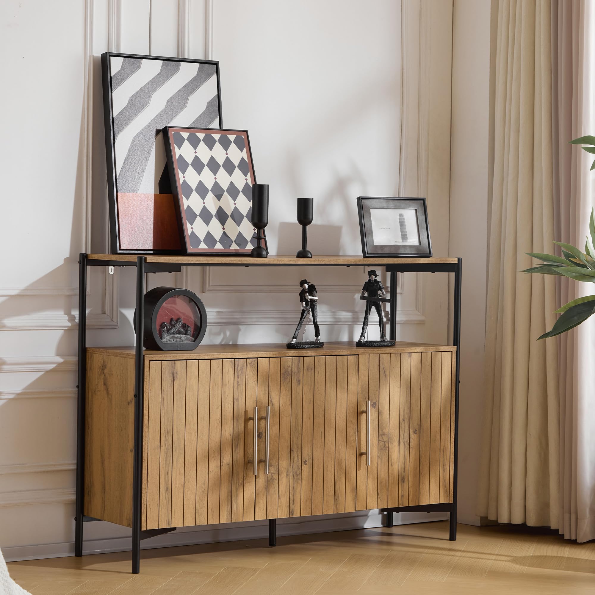 Aparador de 3 puertas con estantes ajustables, diseño industrial, aparador robusto para salón, comedor y pasillo, 90 x 120 x 35 cm