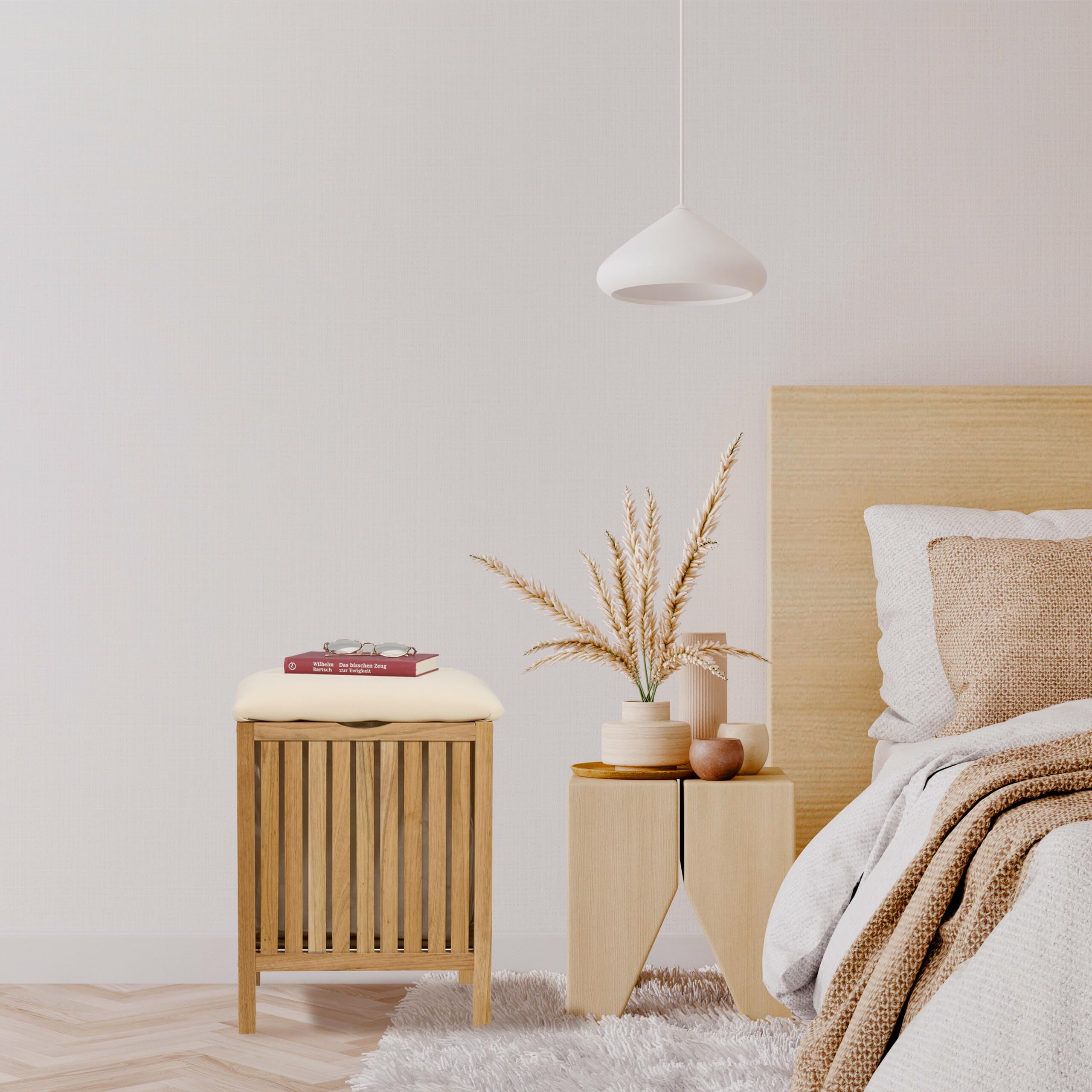 Relaxdays Wäschekorb mit Sitz, Badhocker mit Stauraum, 30 l Wäschesammler, HBT: 51 x 38 x 38 cm, Holz/Stoff, Natur/weiß