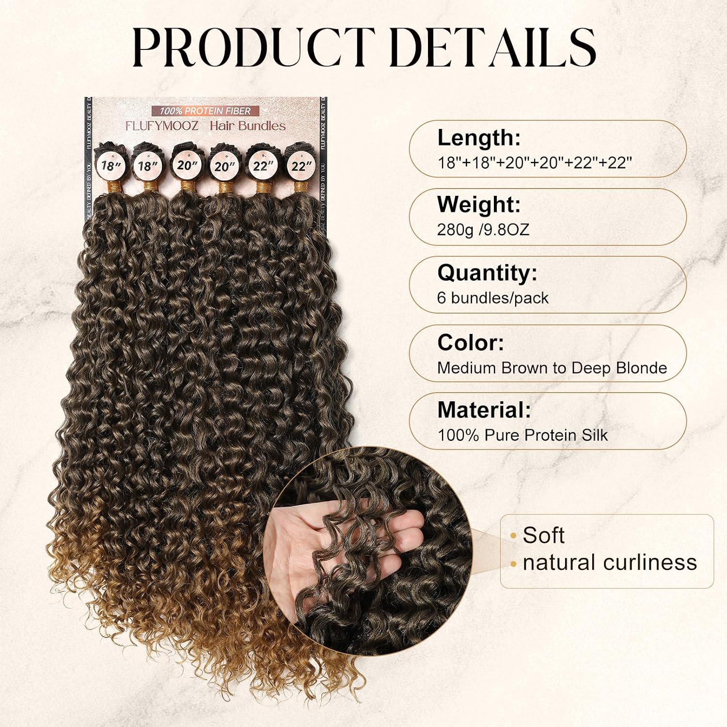 FLUFYMOOZ Curly Hair Bundles, 6PC 100％ Pure Protein Silk Kinky Weave Hair Bundles 18 20 22 Inch Hair Weft Extensions for Women(Medium Brown to Deep Blonde)