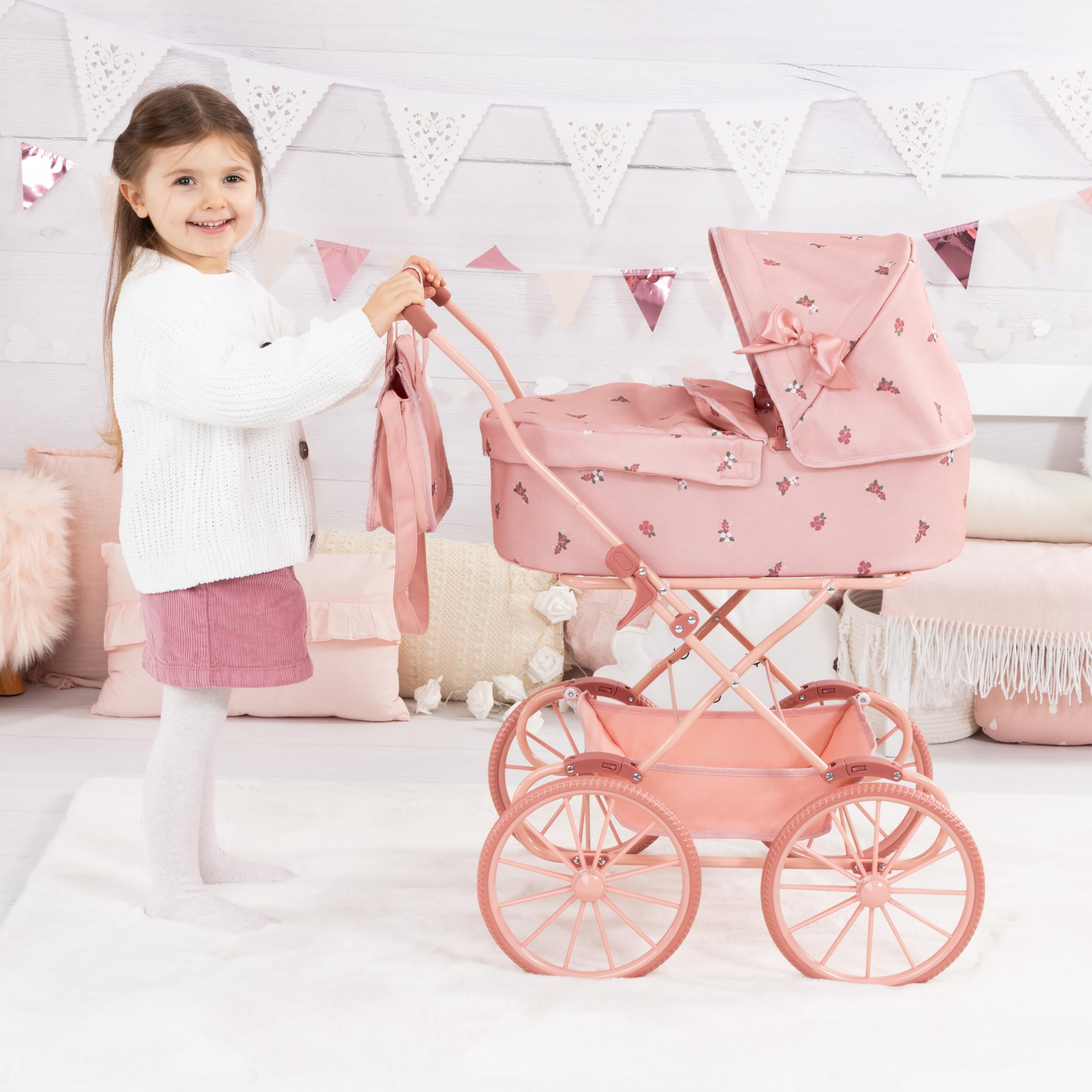 Bayer Design Poussette Landau de poupée nostalgique avec Sac | landau de poupée classique avec grandes roues, coussin, sac, poignée haute, pour poupées jusqu'à 46 cm, panier intégré