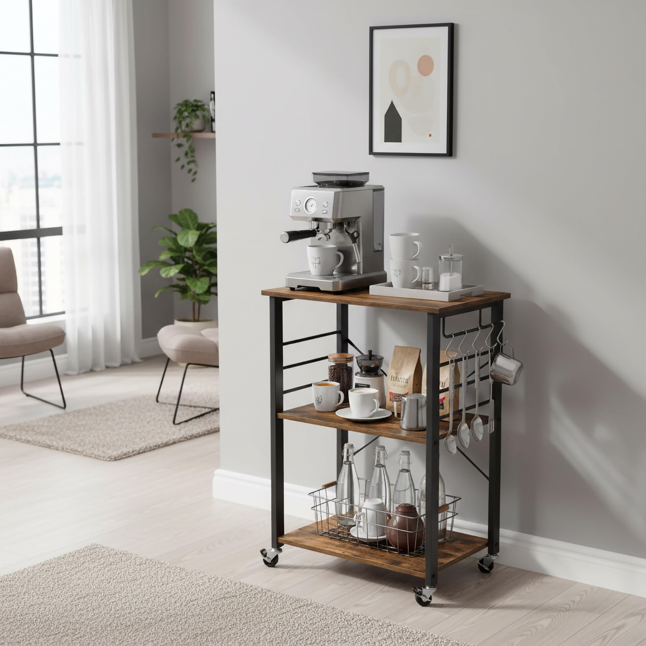 Relaxdays Carrello da Cucina, 3 Ripiani, 6 Ganci, Metallo, casa e Ufficio, HLP: 89x60x40 cm, Effetto Legno/Bianco