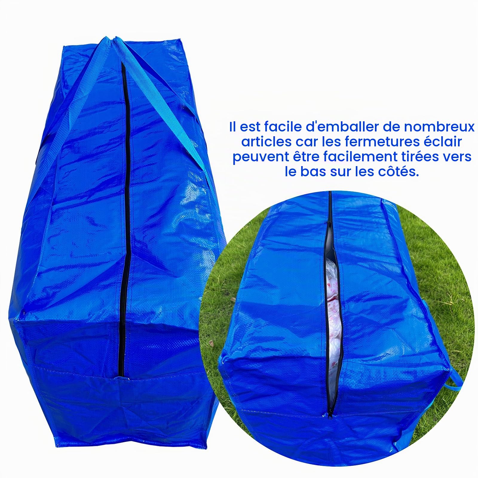 Lot de 2 grands sacs de rangement extra larges de 200 litres, grands sacs de déménagement robustes avec fermeture éclair et poignées plus solides, grand sac de sport pliable pour voyage, boîtes de
