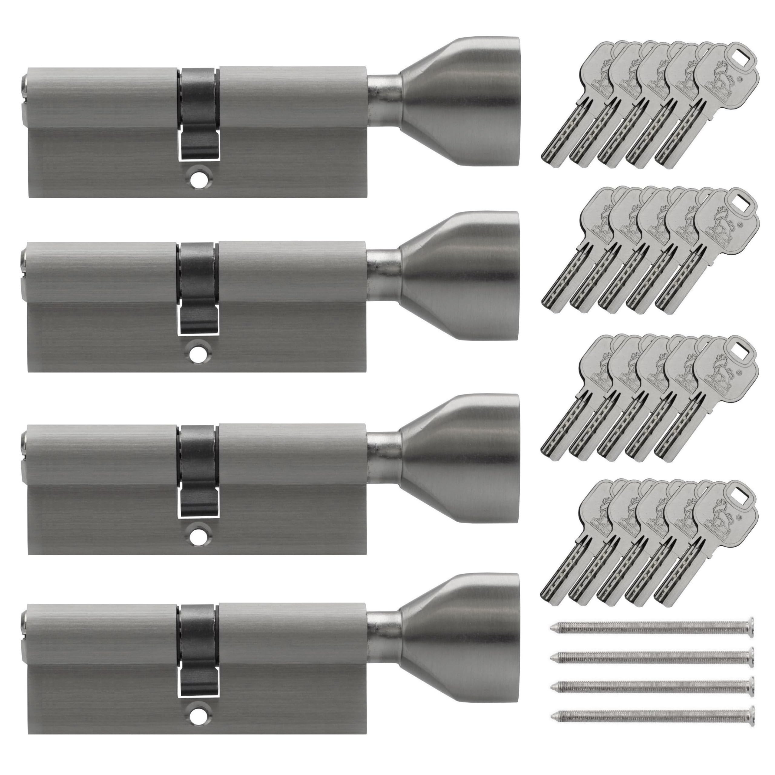 4x thumb turn knob euro cylinder locks 40/40mm, keyed alike, with 20 reversible keys (40x40) (KSN)