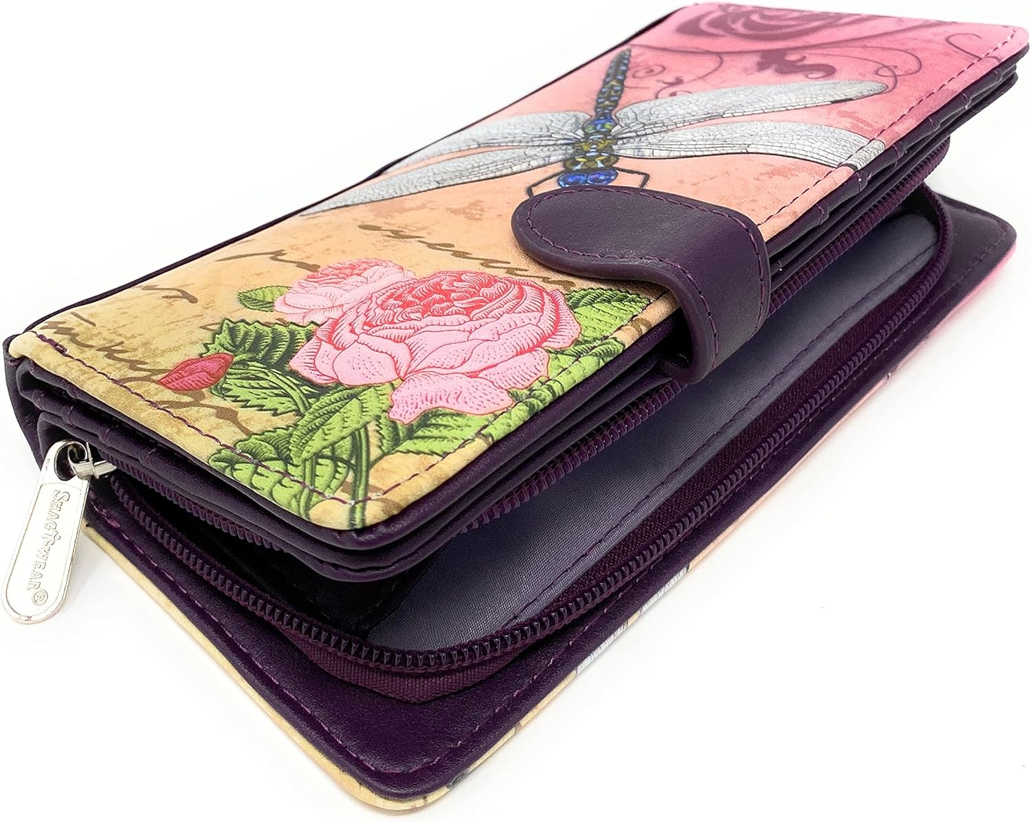 Shag Wear Vintage Dragonfly Large Women’s Wallet, Vegan Faux Leather Bifold with Card Slots, Bill Compartments and Secure Snap Closure in Purple 7" - Image 3