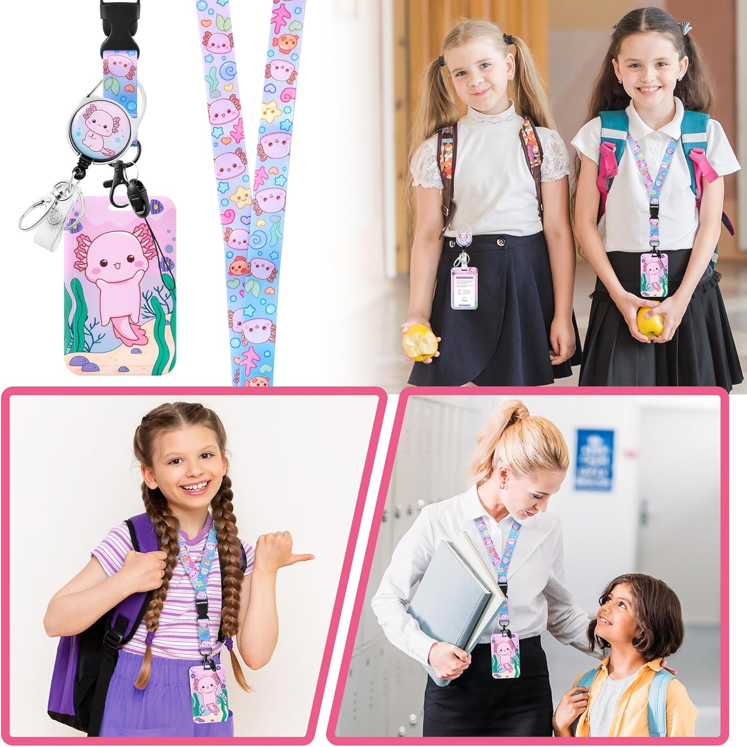 Axolotl Id Badge Holder with Breakaway Lanyard Badge Reel Cute Kawaii Salamander Animal Name Tag Card Case Strap Retractable Reel Clip Back to School Supplies for Kids Students Teachers Doctors Nurses - Image 6
