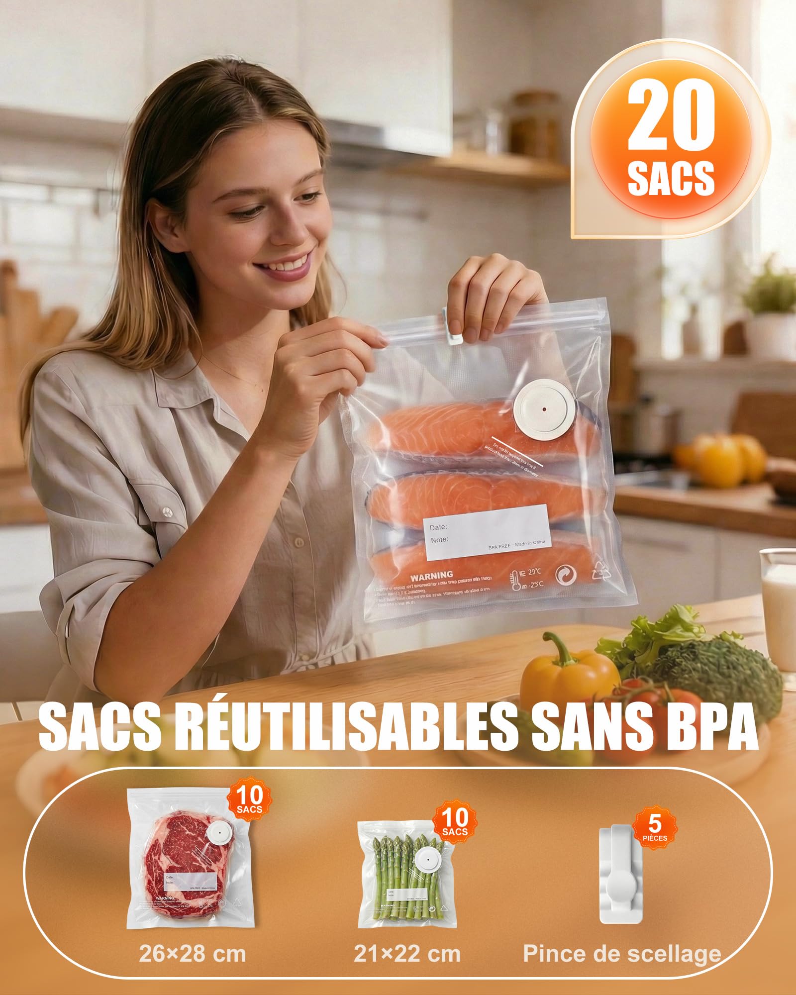 Babacom Portable Machine Sous Vide Alimentaire avec Réservoir Visible, 60kPa Ultra-Puissante, Scellage Auto & Mode Pulse pour Aliments Délicats, Pompe Sous Vide Compacte avec 20 Sacs Réutilisables