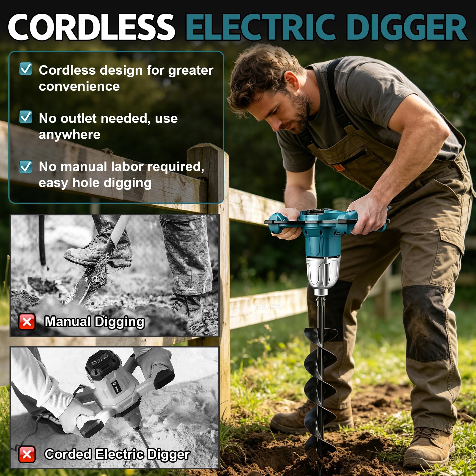 Professional Akku-Erdbohrer Kompatibel mit Makita18V Batterie, Elektrischer Erdlochbohrer Pfahlbohrer mit 2 Griffen, Bürstenloser Motor für Gartenbau/Pfahlsetzung, Mörtelrührer,ohne Boor(ohne Akku)