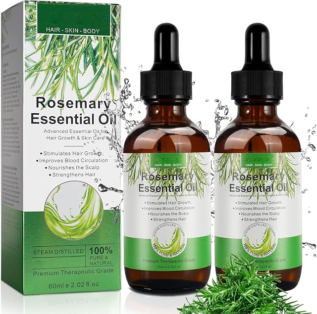 2PCS Rosemary Oil for Hair Growth, Rosemary Essential Oil for Hair Loss, Eyebrow and Eyelash Growth, Skin Care, Diffuser Aromatherapy, Stimulates Hair Growth for Men Women