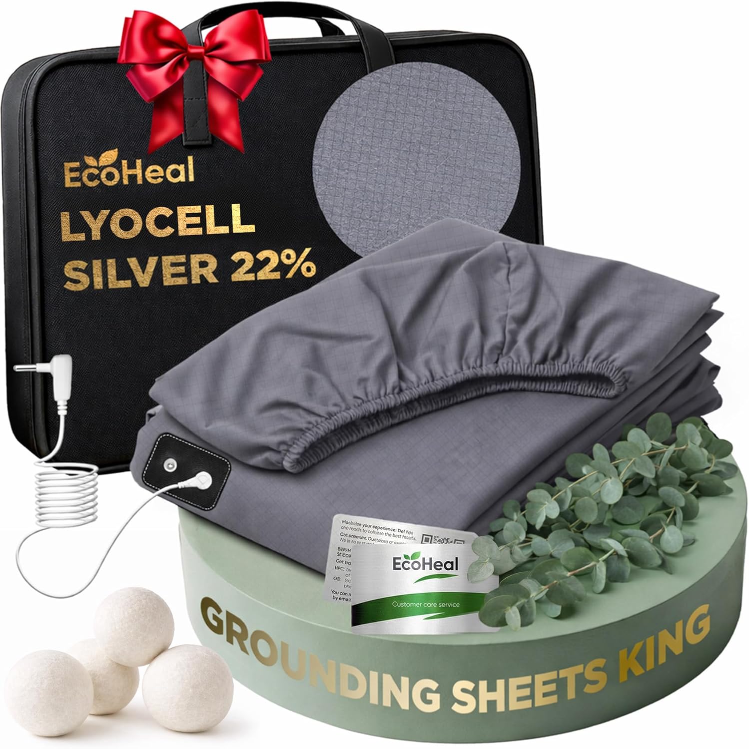 Luxury Lyocell Grounding Sheets King 22% Silver Fiber, 74% Cooling Lyocell, 4% Silk, Quality Certified - Conductive Earth Fitted Sheet 15" Deep w/Wash Bag & Wool Dryer Balls, Gray