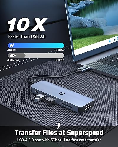 Miniatura 5 de Hub USB C, adaptador USB 6 en 1 con HDMI 4K, 100 W PD, puertos USB 3.0, puertos USB 2.0 y lector de tarjetas SD/TF, compatible con Mac Pro/Air, iPad