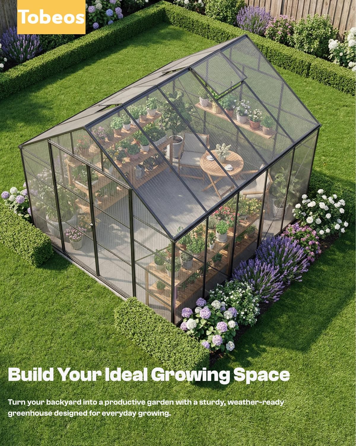 8×8 FT Walk-in Greenhouse Polycarbonate Greenhouse for Outdoors, Heavy Duty Backyard Garden Greenhouse with Aluminum Frame, Clear Panels, Adjustable Roof Vent, Rain Gutter System