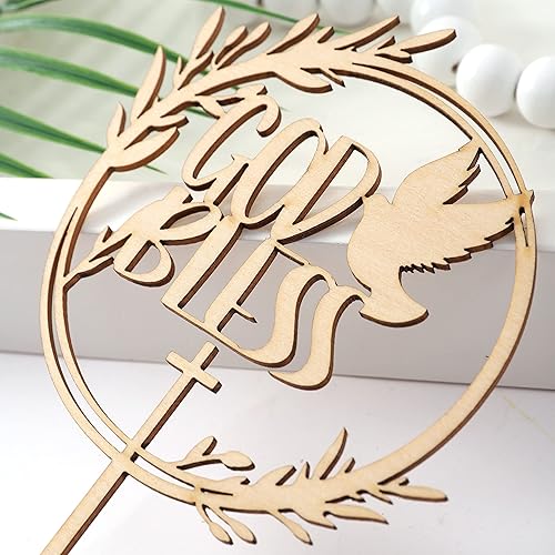 Miniatura 9 de ZZDCMS Decoración para tartas de bautismo y primera comunión, suministros de decoración de pasteles de madera, madera natural, marrón