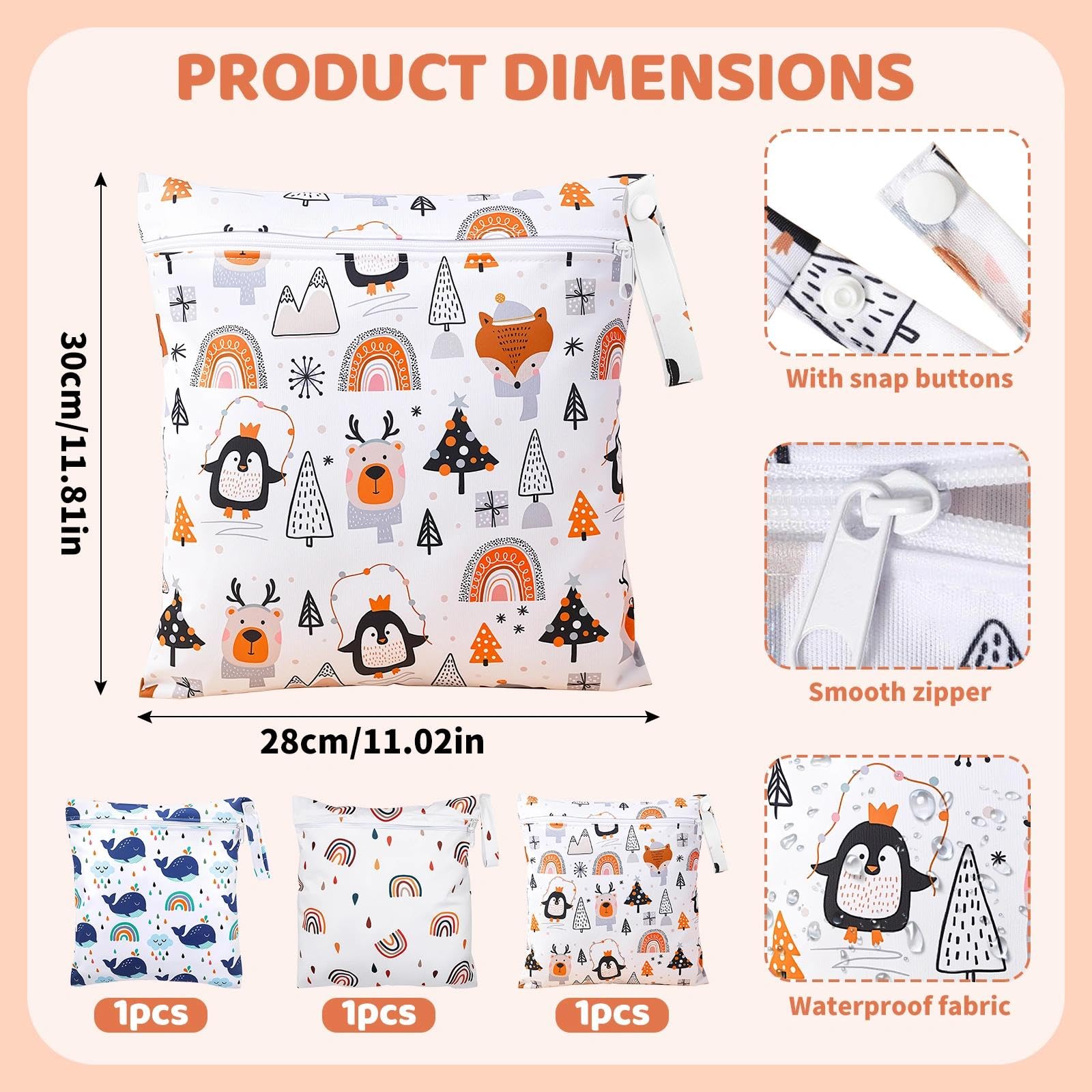 3 Piezas Bolsa Impermeable Bebe, Bolsa Reutilizable para Pañales de Tela, Bebé Reutilizable Impermeabilizan Bolsa con Cremallera para Nadar Fitness Acampar - 30x28,5 cm (Ballena,Arcoíris,Pingüino)