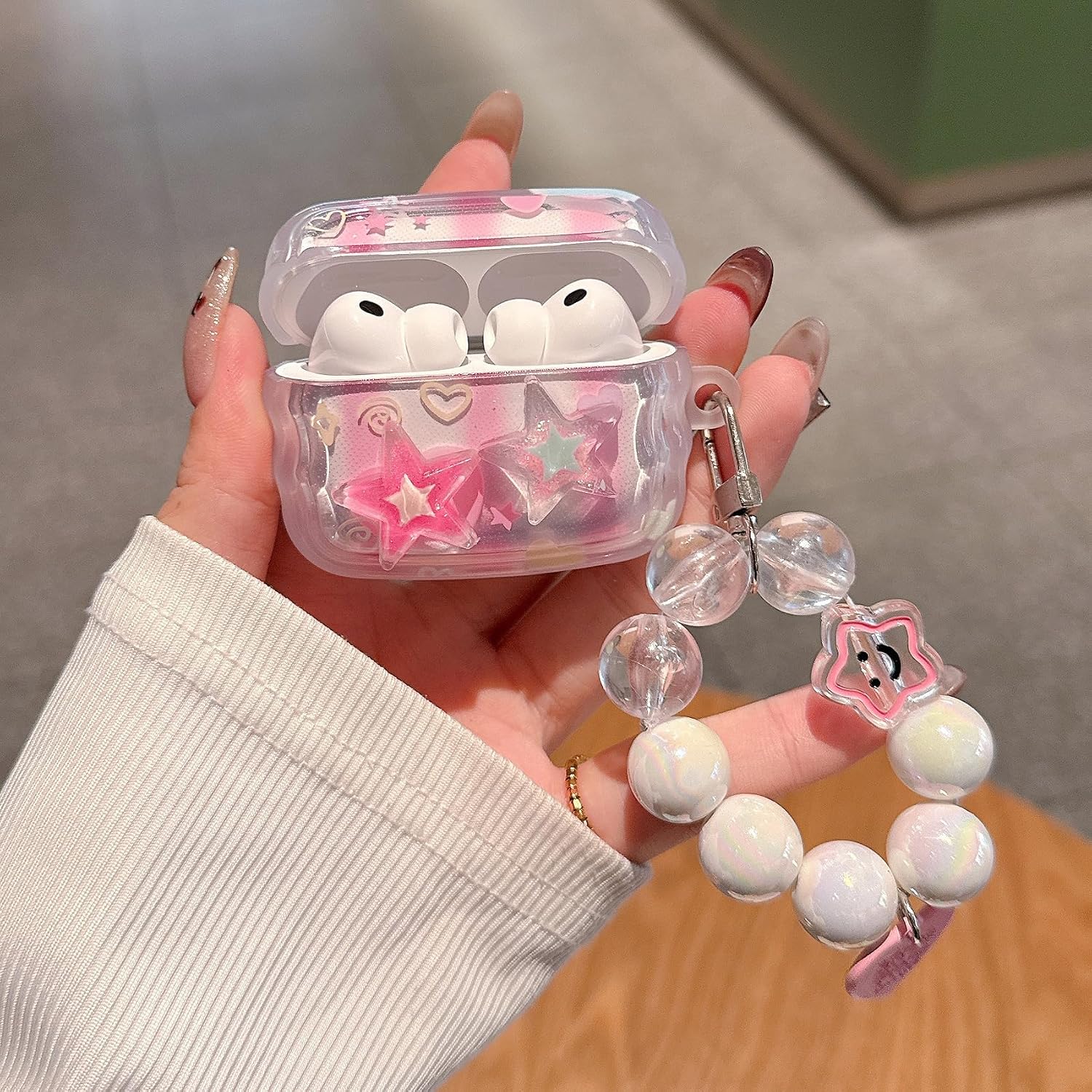 for Airpod Pro 3 Case 2025 Cute Dream 3D Gitter Stars Clear Protective Cover with Strap Keychain Compatible with AirPods Pro 3rd Generation Case for Girls Women (Stars Pink) image 3