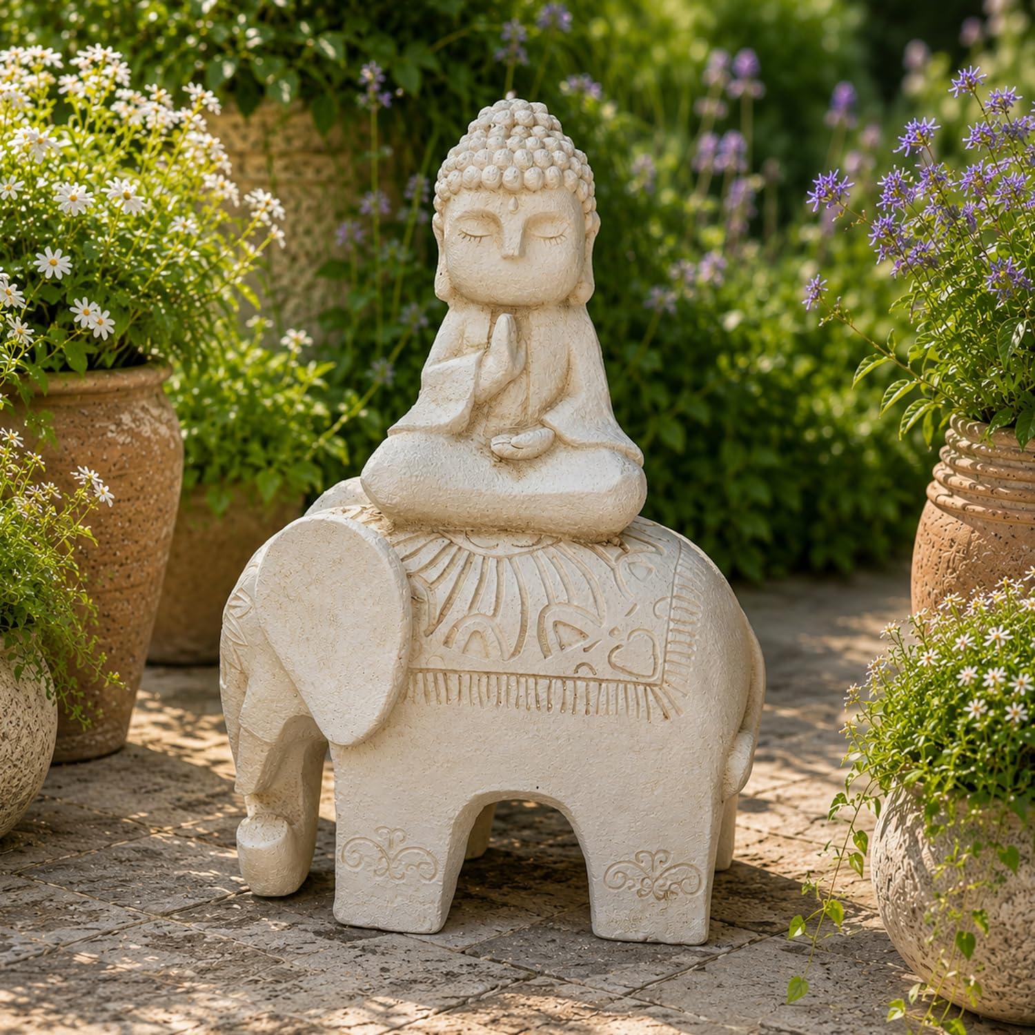 Buddha Figur Garten groß 56 cm – Elefant, wetterfeste Deko | Aus Magnesia, Für draußen – Terrasse & Balkon, Zen & Feng Shui, Steinoptik Creme/Weiß