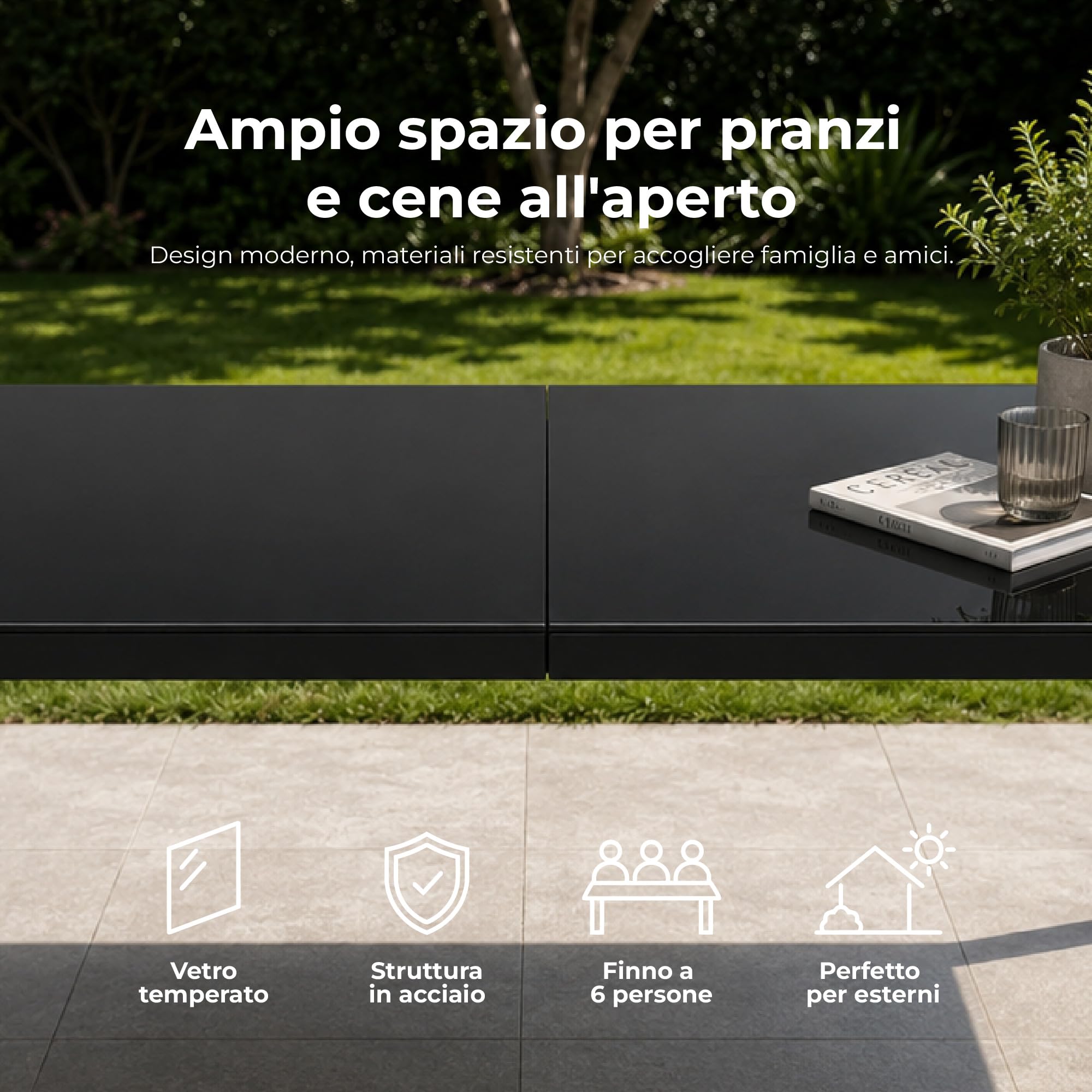 Tavolo da Pranzo per Interno ed Esterno 150x90 cm, Piano in Vetro Temperato Nero 5 mm e Struttura in Acciaio, Tavolo Moderno per 6 Persone, Ideale per Giardino, Terrazza, Cucina e Sala da Pranzo
