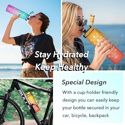 Miniatura 7 de Enerbone - Botella de agua deportiva, motivacional, a prueba de fugas, sin bisfenol A y sin tóxicos, con tiempos para beber y pajilla, con correa