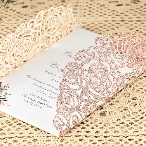 Miniatura 6 de Kit de invitación de boda con purpurina rosa, 50 unidades, corte láser, invitaciones de boda personalizadas con sobres y tarjetas de confirmación