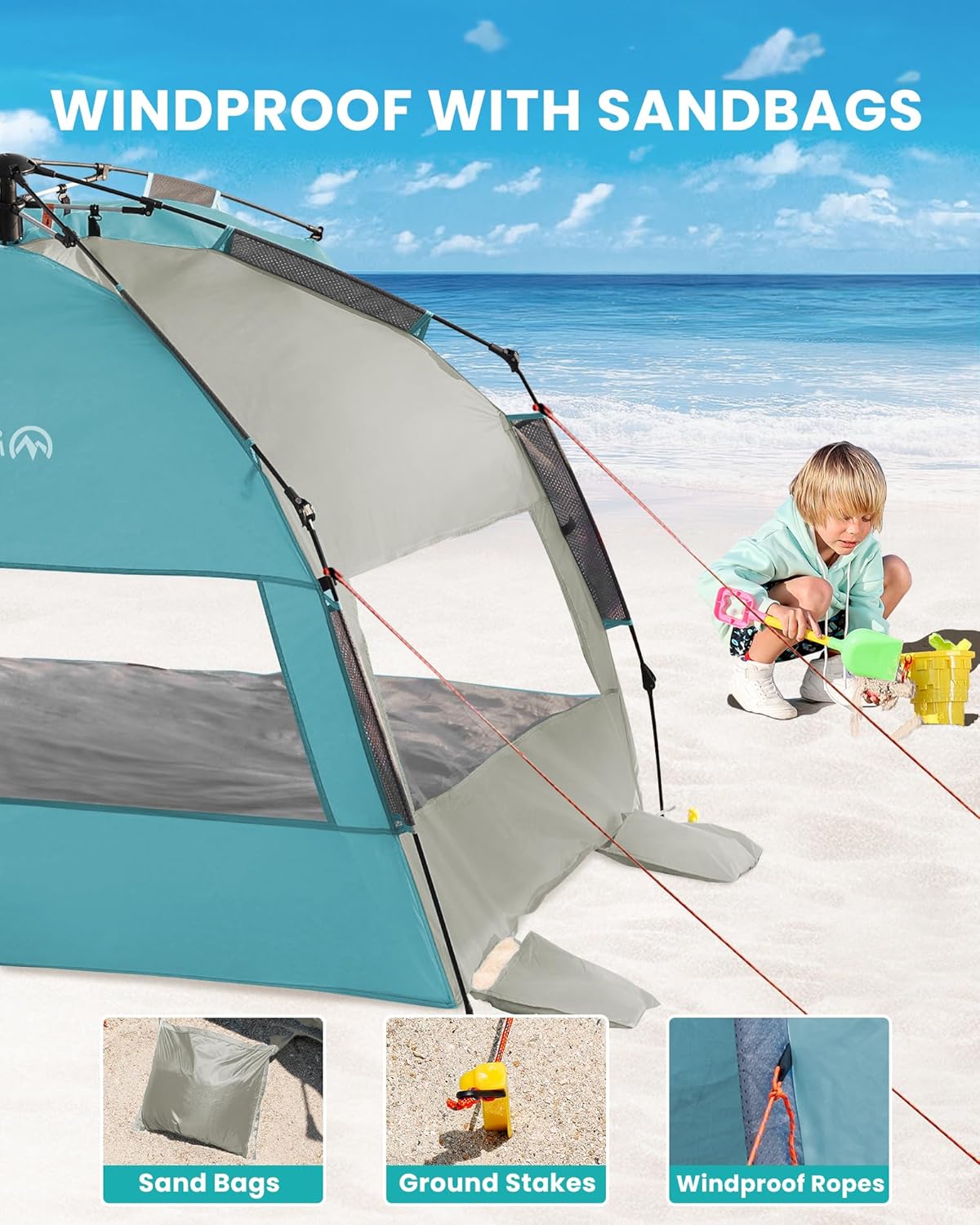 OutdoorMaster Beach Tent Sun Shelter for 3-4 Person, Pop Up Beach Tent Easy Setup with Sandbags, Portable Sun Shade Canopy with Carrying Bag for Beach & Outdoor, UPF50+ UV Protection, Family Size