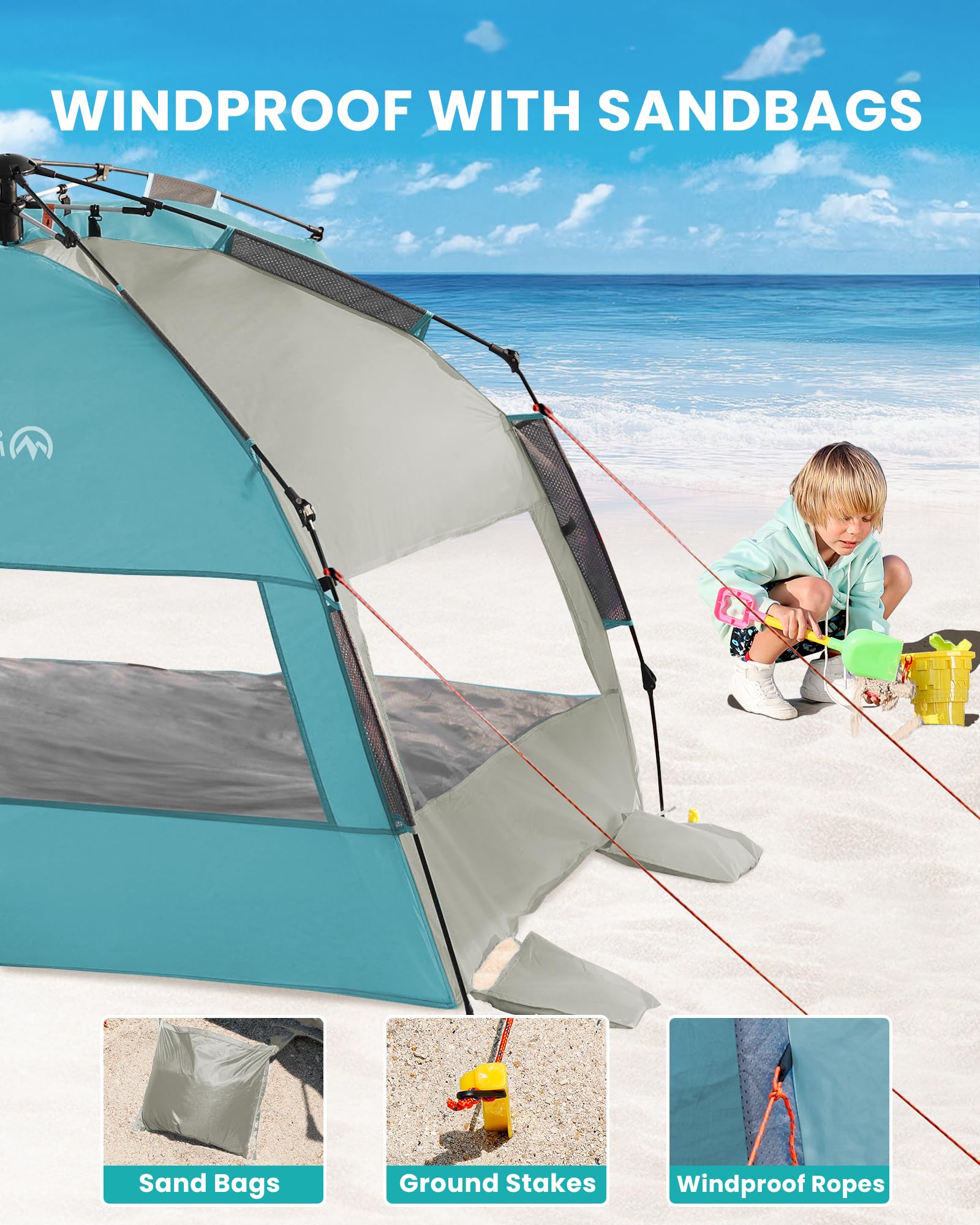 OutdoorMaster Tente de Plage Pop-up pour 3 à 4 Personnes XL – Installation Facile, auvent de Plage Pliable avec Protection UV UPF 50+, Lucarne de Toit Amovible, Taille familiale