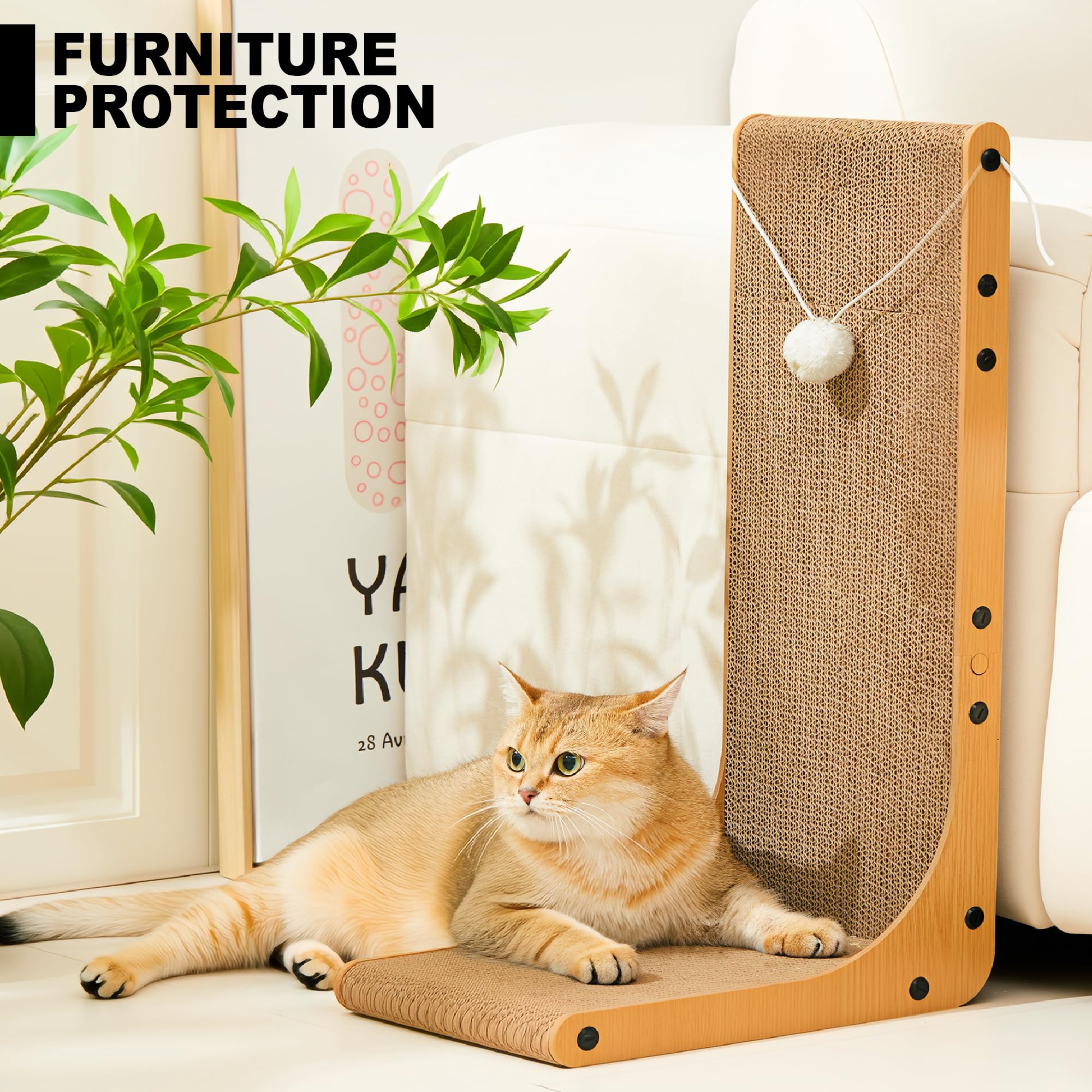 Value 2-Pack 23.6 Inch L-Shaped Cardboard Cat Scratcher, Dual Use (Vert/Horiz) Scratch Pad with Toy Balls, Wall-Mountable Furniture Protector Cat Scratchers for Indoor Cats, Couch & Wall