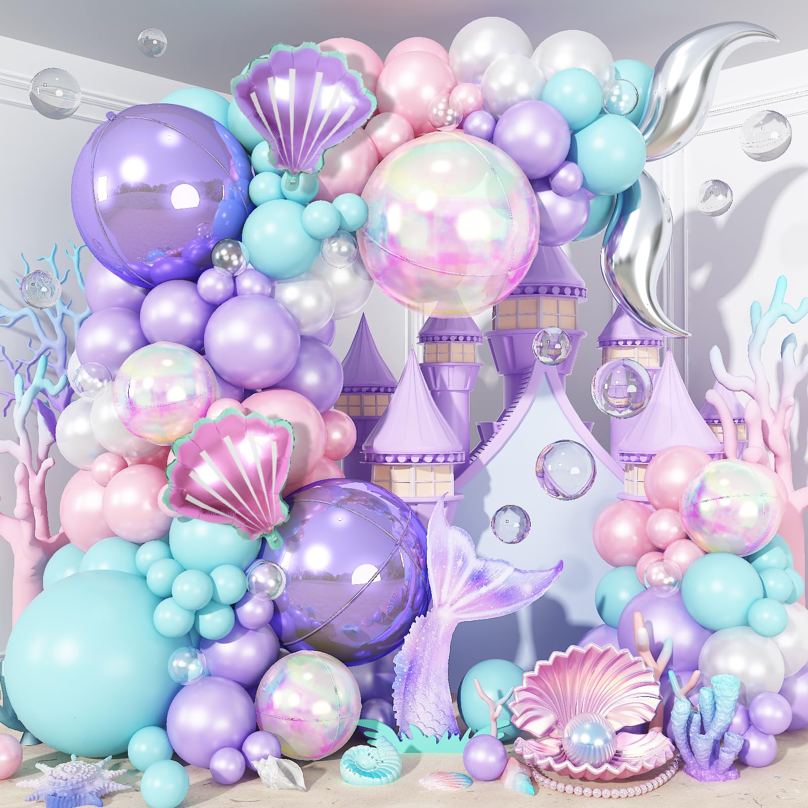 Kit arche de ballons sirène aux reflets nacrés et grands ballons 4D - 8