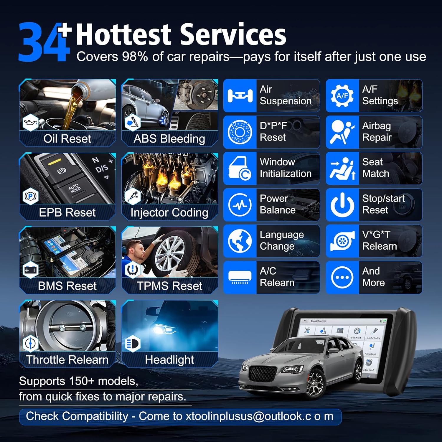 XTOOL IP616 V2.0 displaying 34+ Hottest Services, including icons for Oil Reset, ABS Bleeding, EPB Reset, Injector Coding, BMS Reset, TPMS Reset, Throttle Relearn, Headlight, and more, with a car in the background.