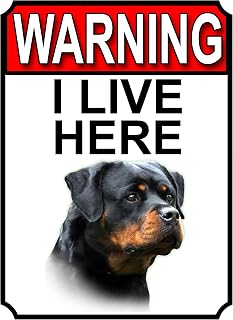 SHAWPRINT WARNING I LIVE HERE METAL GATE SIGN ROTTWEILER THEME 200MM X 150MM (1347H1)
